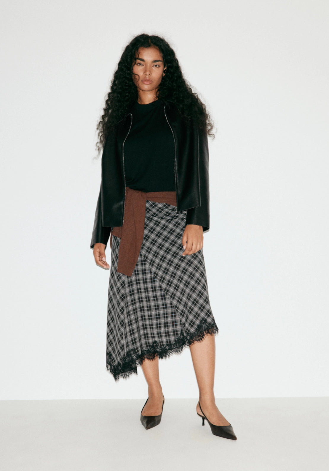 Flowy Checked Midi Skirt - Black