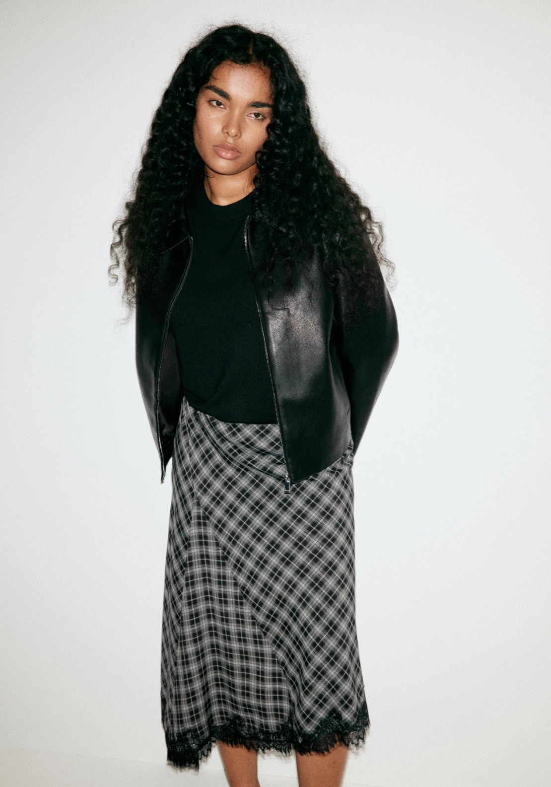 Flowy Checked Midi Skirt - Black