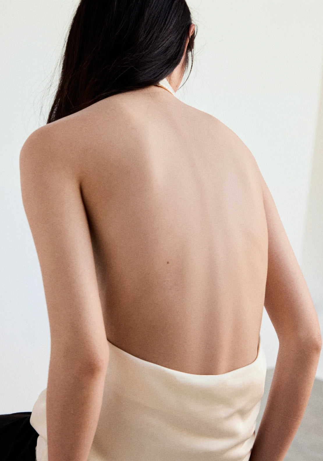 Draped Neck Satin Top - Beige