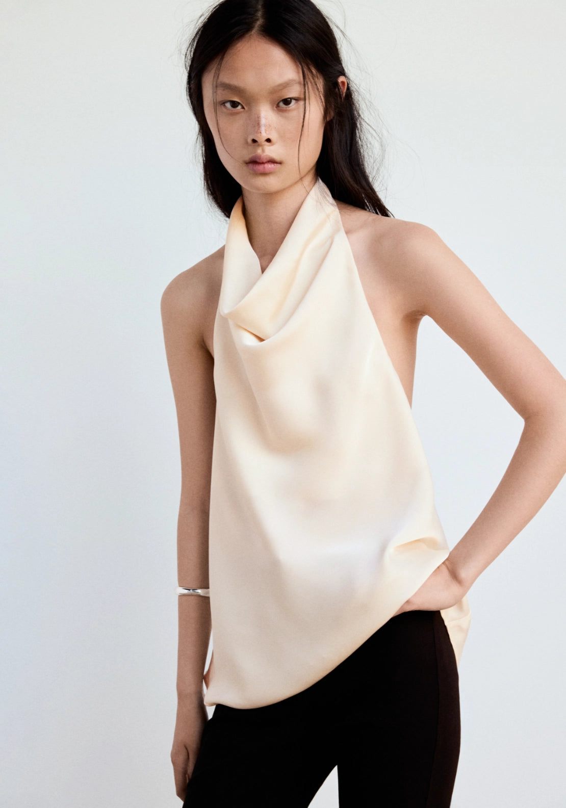 Draped Neck Satin Top - Beige