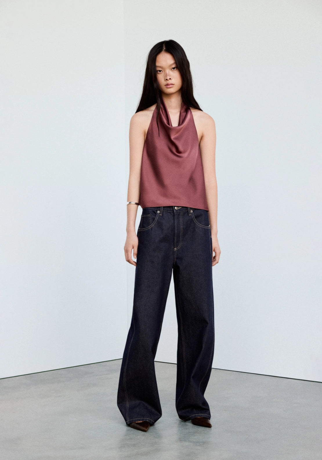 Draped Neck Satin Top - Burgundy
