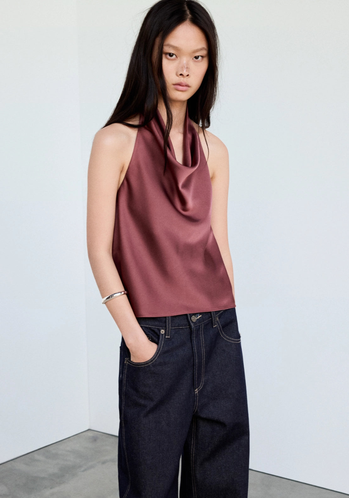 Draped Neck Satin Top - Burgundy