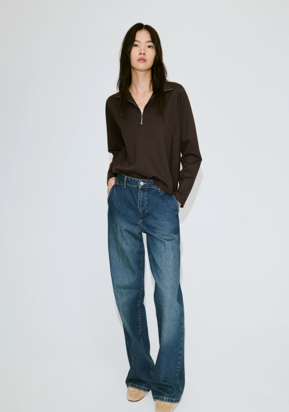 Turtleneck Sweatshirt With Zip - Brown