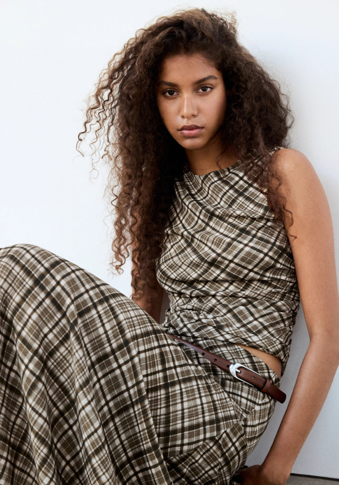 Checked Draped Top - Brown