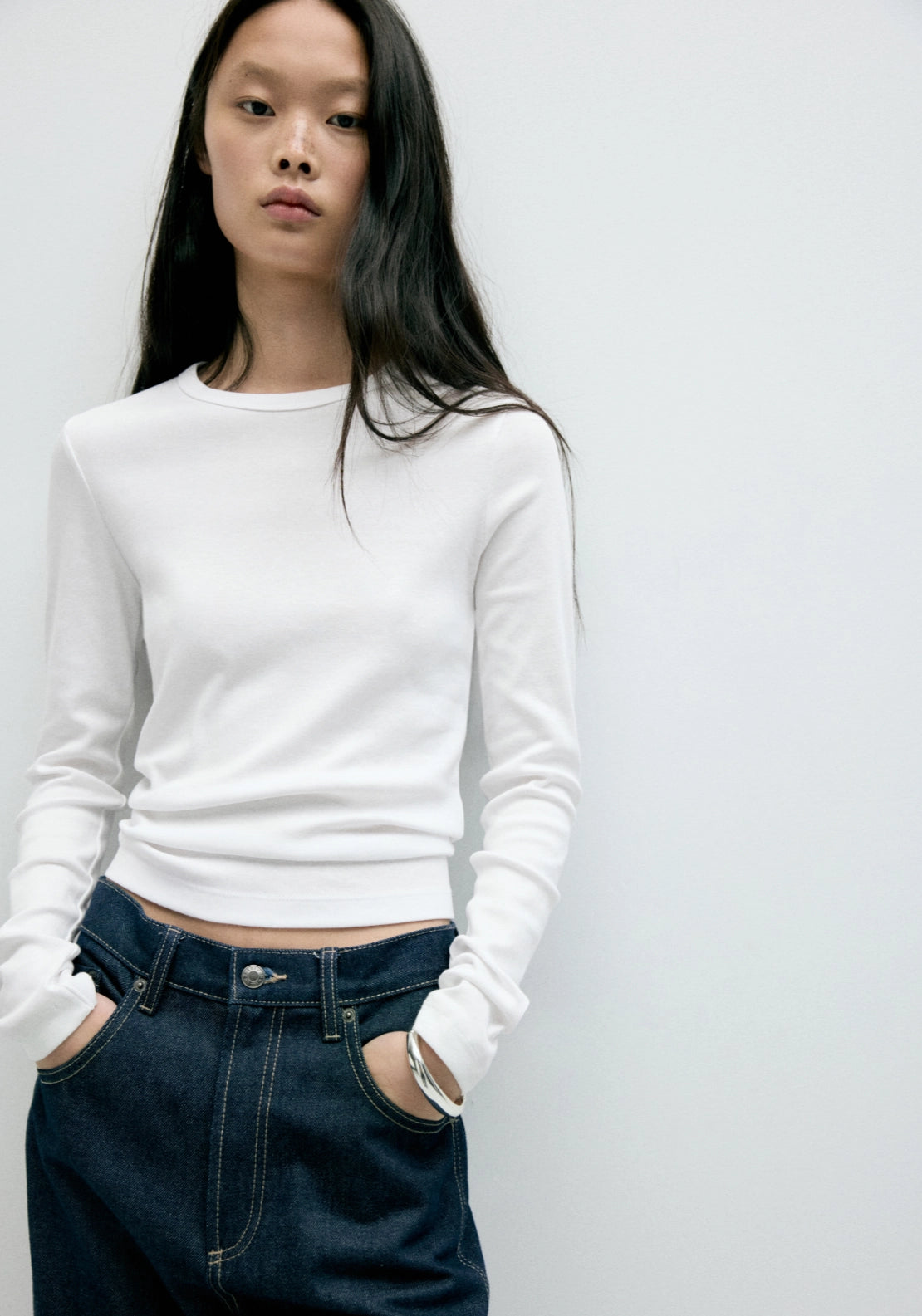 100% Cotton Fitted Long Sleeve Top - White
