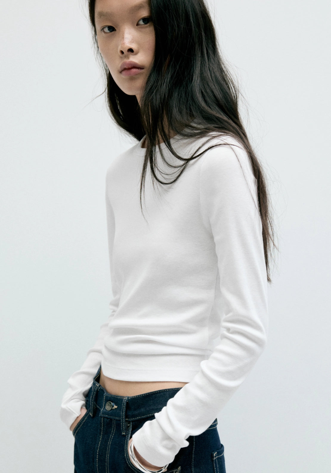 100% Cotton Fitted Long Sleeve Top - White