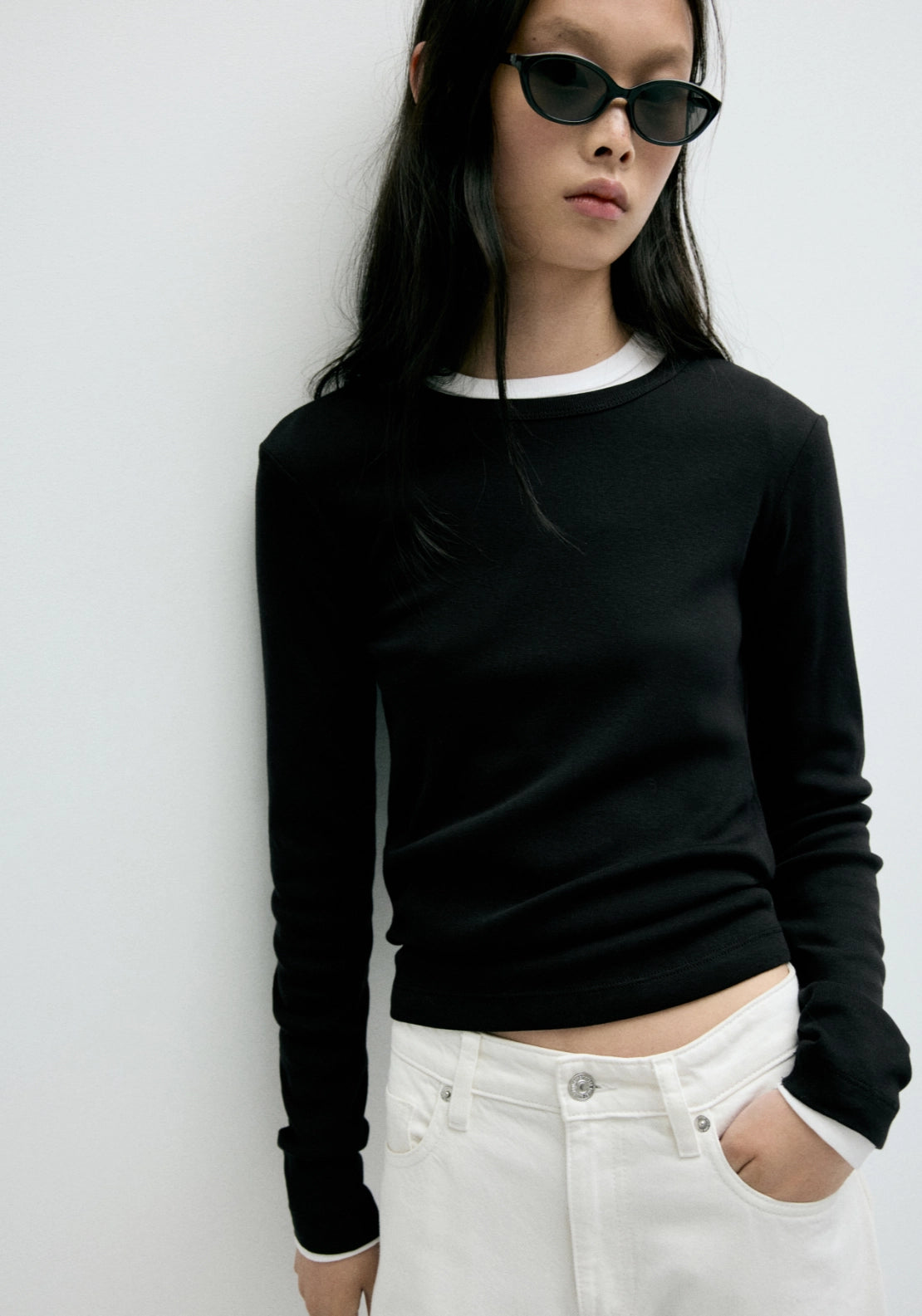 100% Cotton Fitted Long Sleeve Top - Black