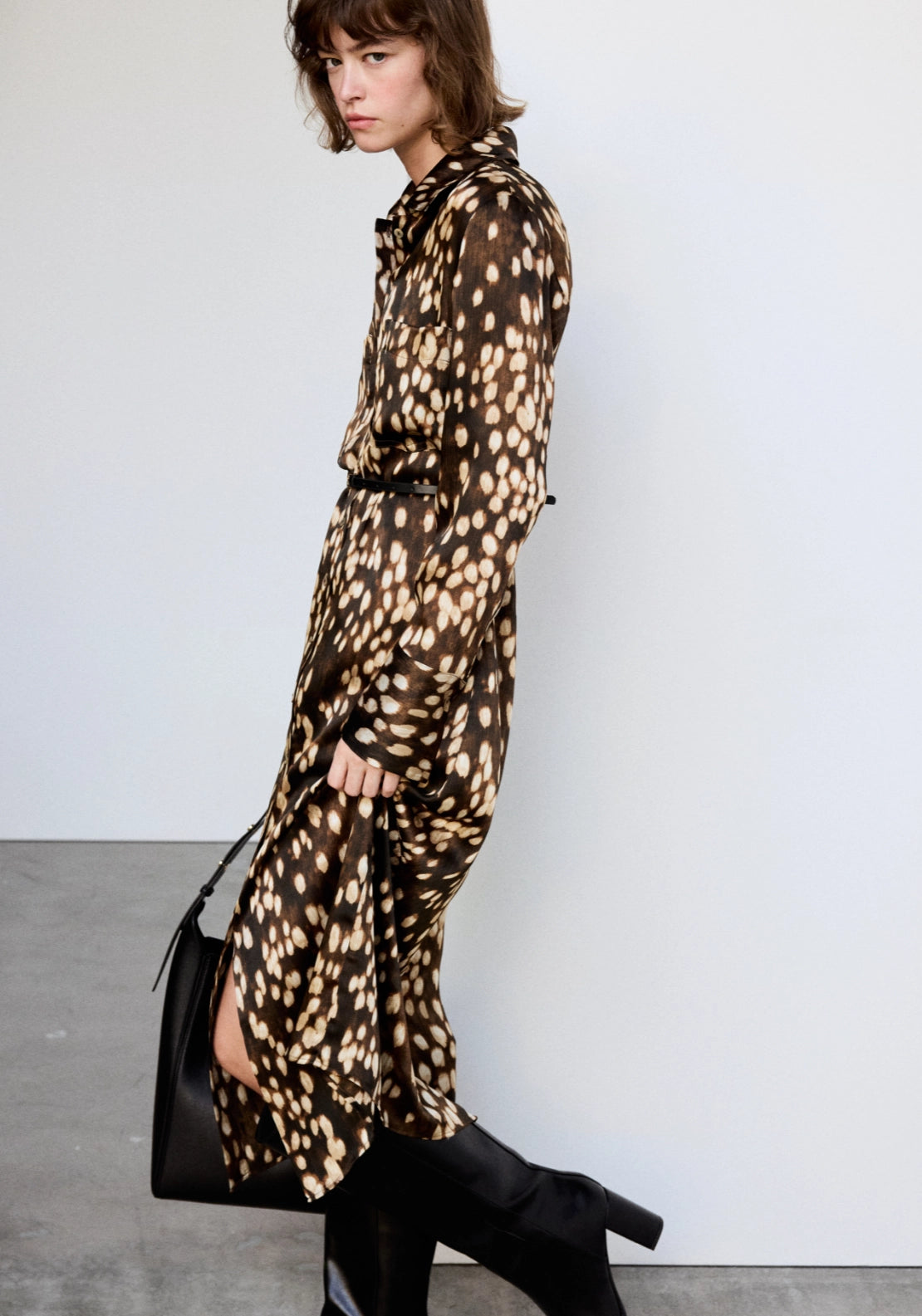 Printed Shirt Dress - Brown