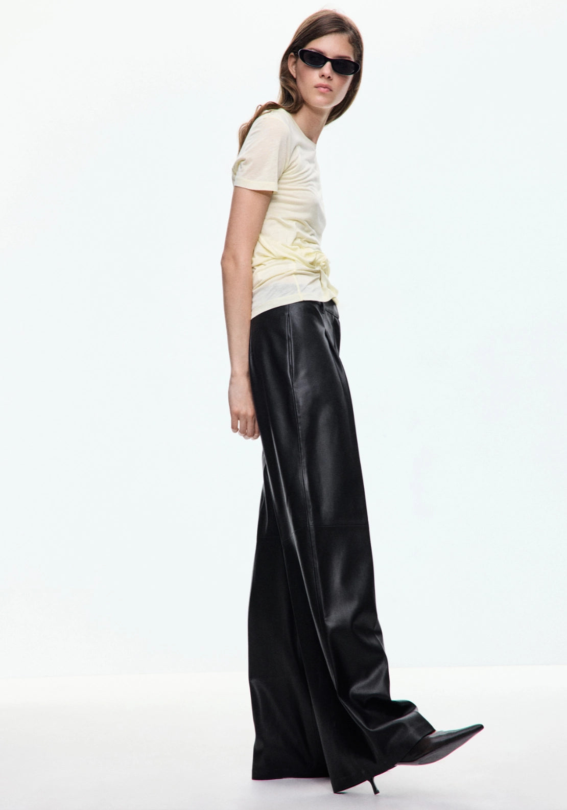 Wide Leg Faux Leather Trousers - Black