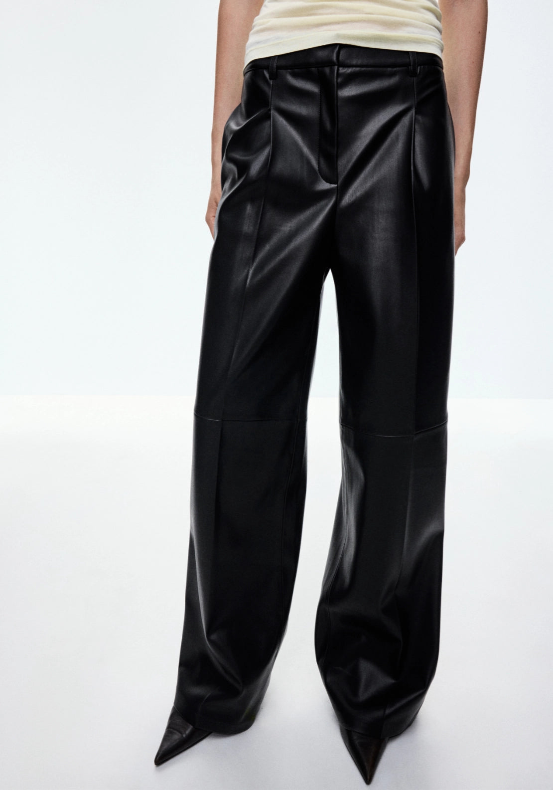 Wide Leg Faux Leather Trousers - Black
