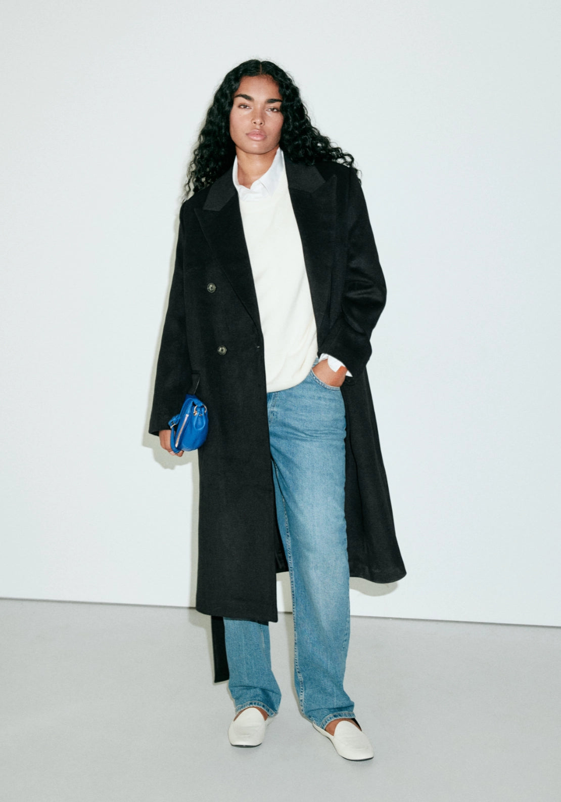 Coat With Peak Lapel and Belt - Black