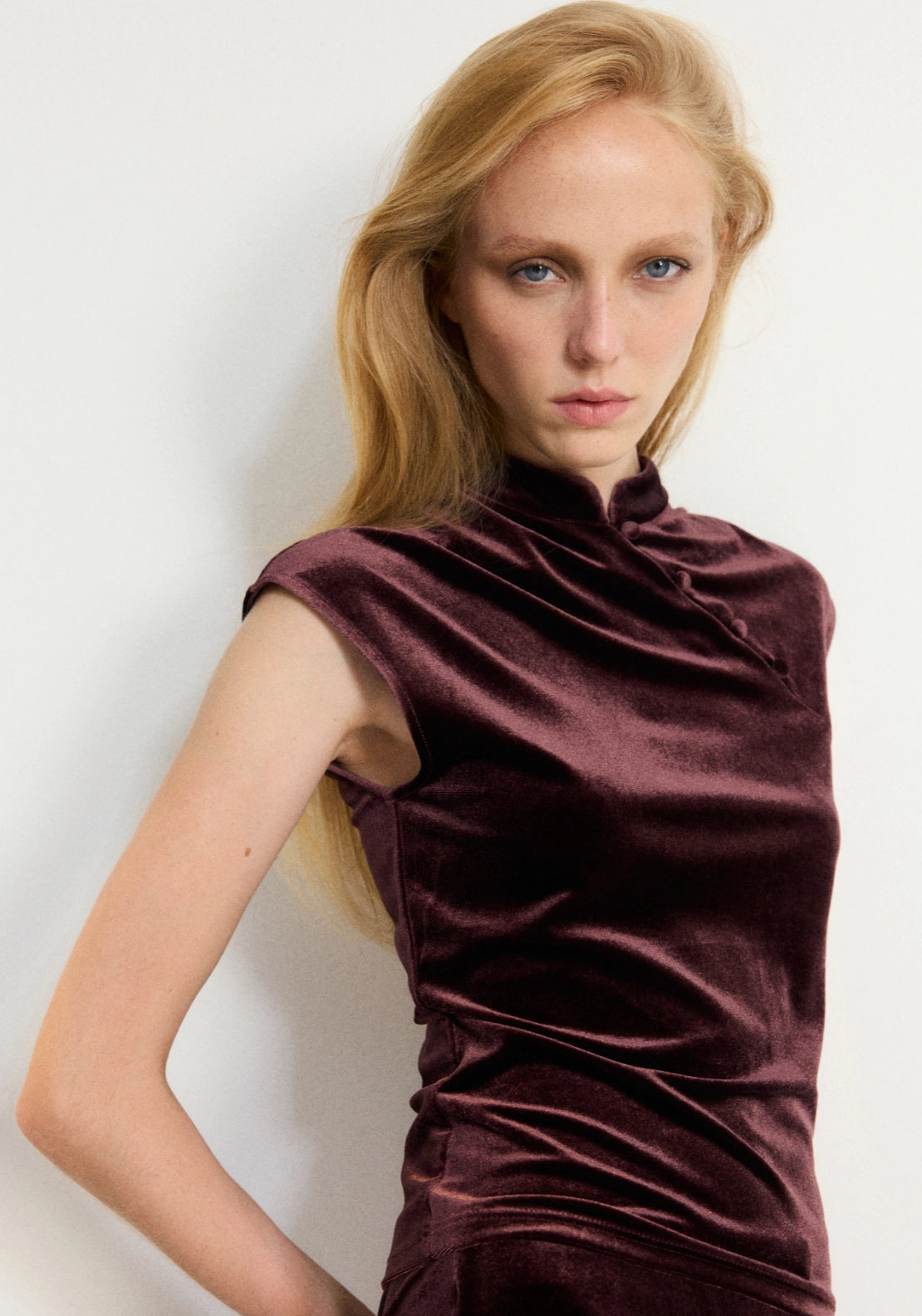 Velvet Top With Buttons - Burgundy