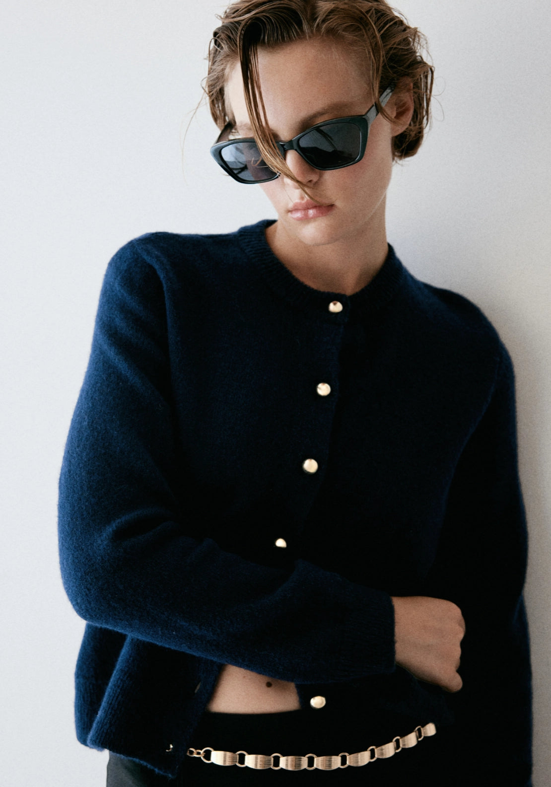 Knitted Cardigan With Metal Buttons - Blue