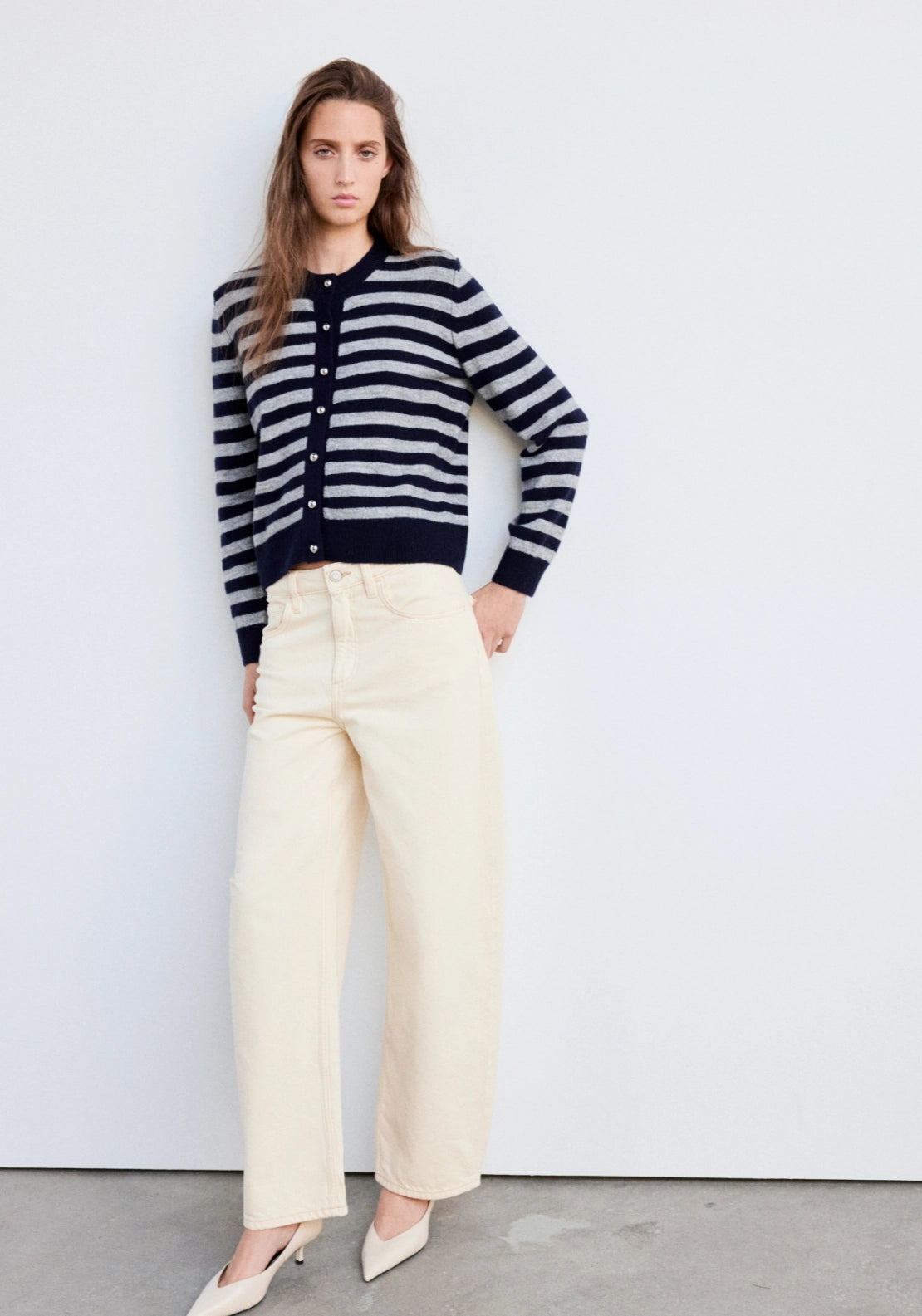 Knitted Cardigan With Metal Buttons - Navy/grey