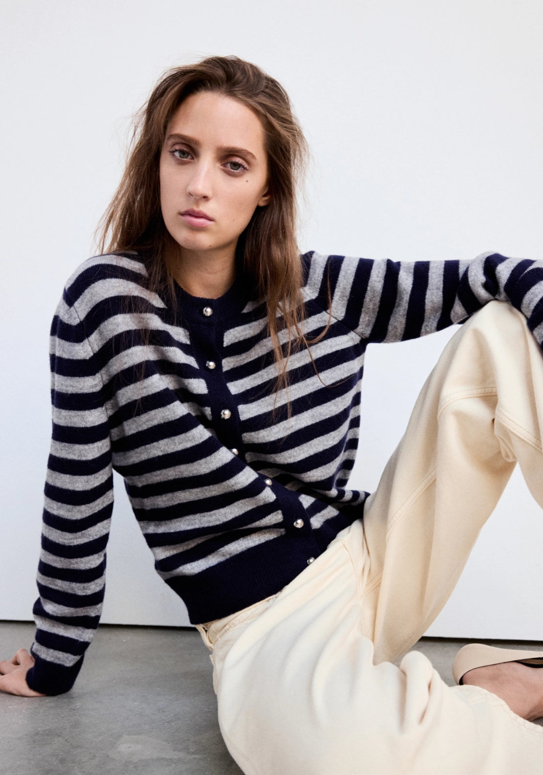 Knitted Cardigan With Metal Buttons - Navy/grey
