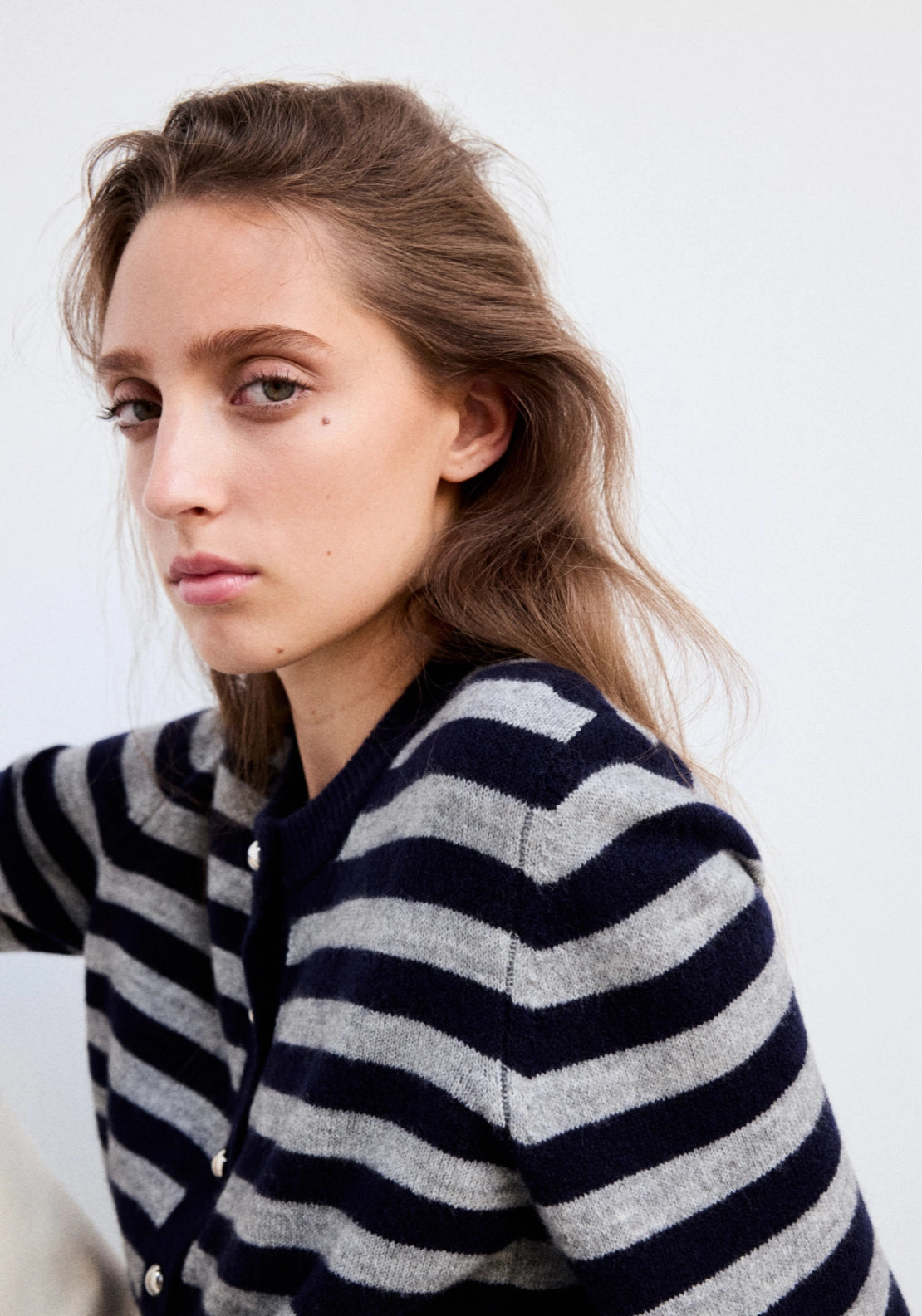 Knitted Cardigan With Metal Buttons - Navy/grey