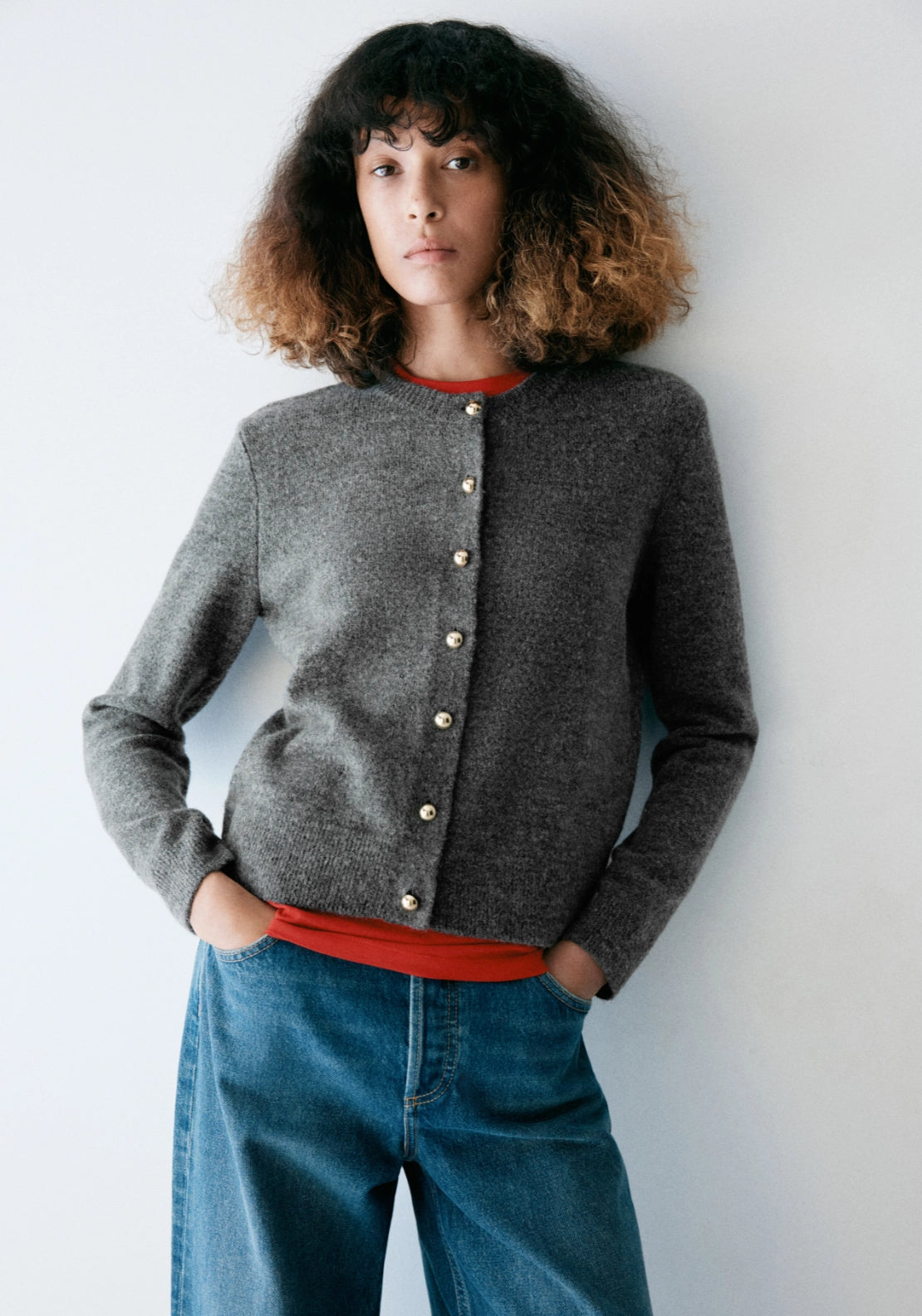 Knitted Cardigan With Metal Buttons - Grey