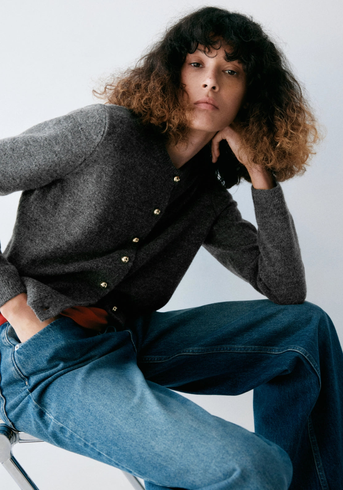 Knitted Cardigan With Metal Buttons - Grey