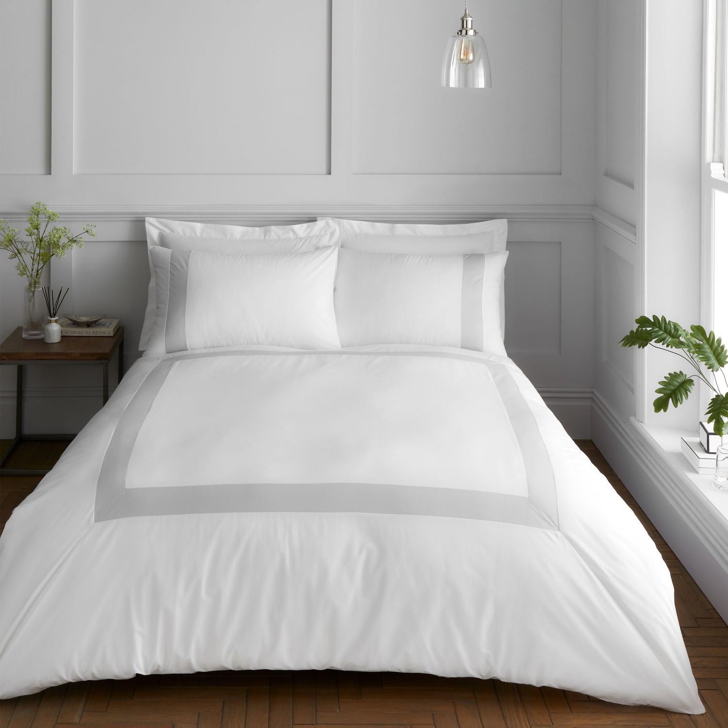  Bianca Tailored 180 Thread Count Cotton Duvet Cover Set - White / Silver 1 Shaws Department Stores