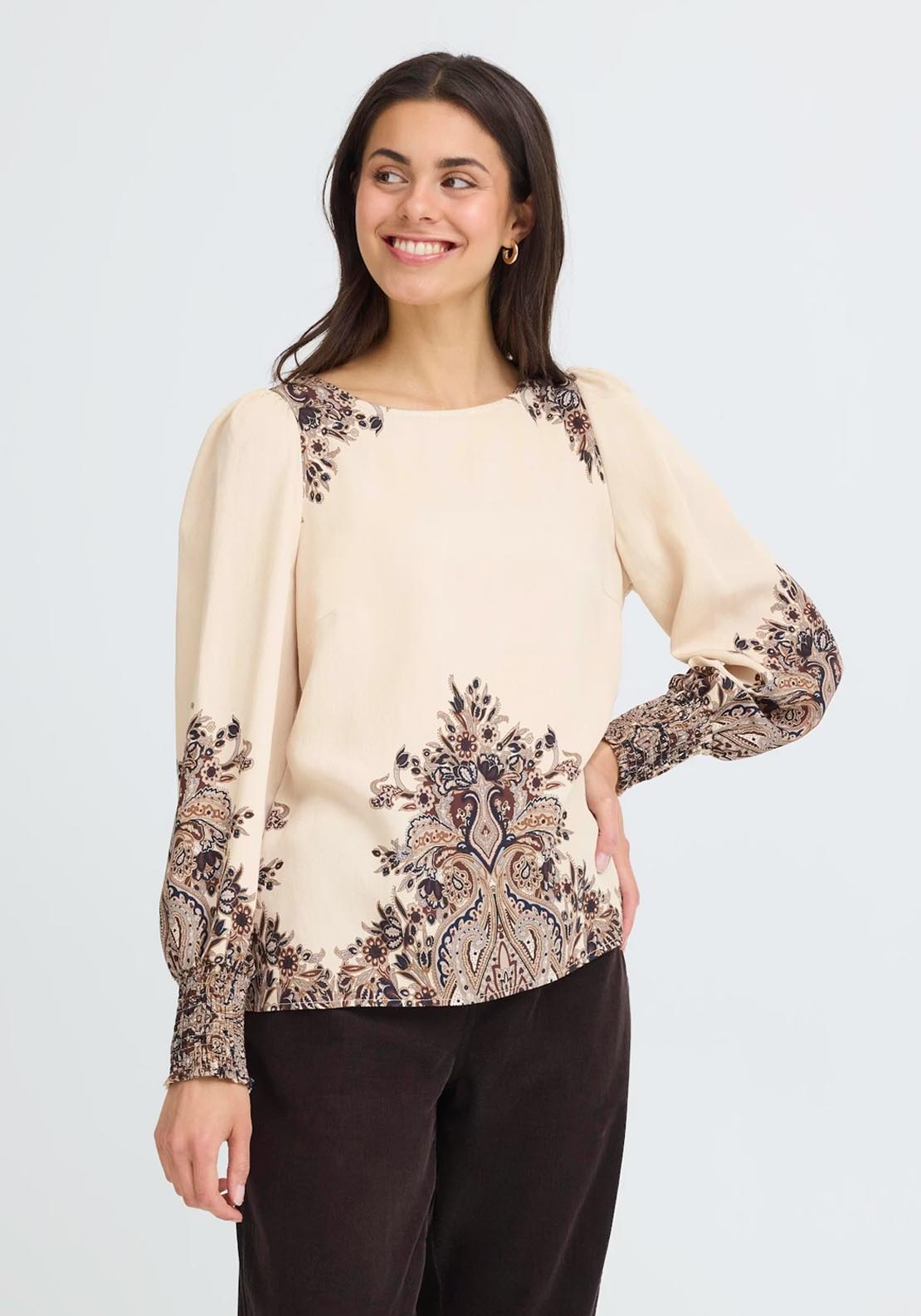 Fransa Long Sleeve Blouse - Pumicestone Paisley 1 Shaws Department Stores