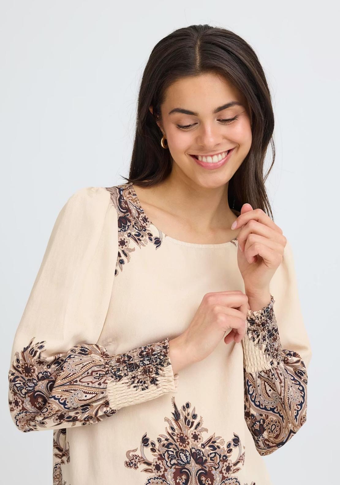 Fransa Long Sleeve Blouse - Pumicestone Paisley 3 Shaws Department Stores