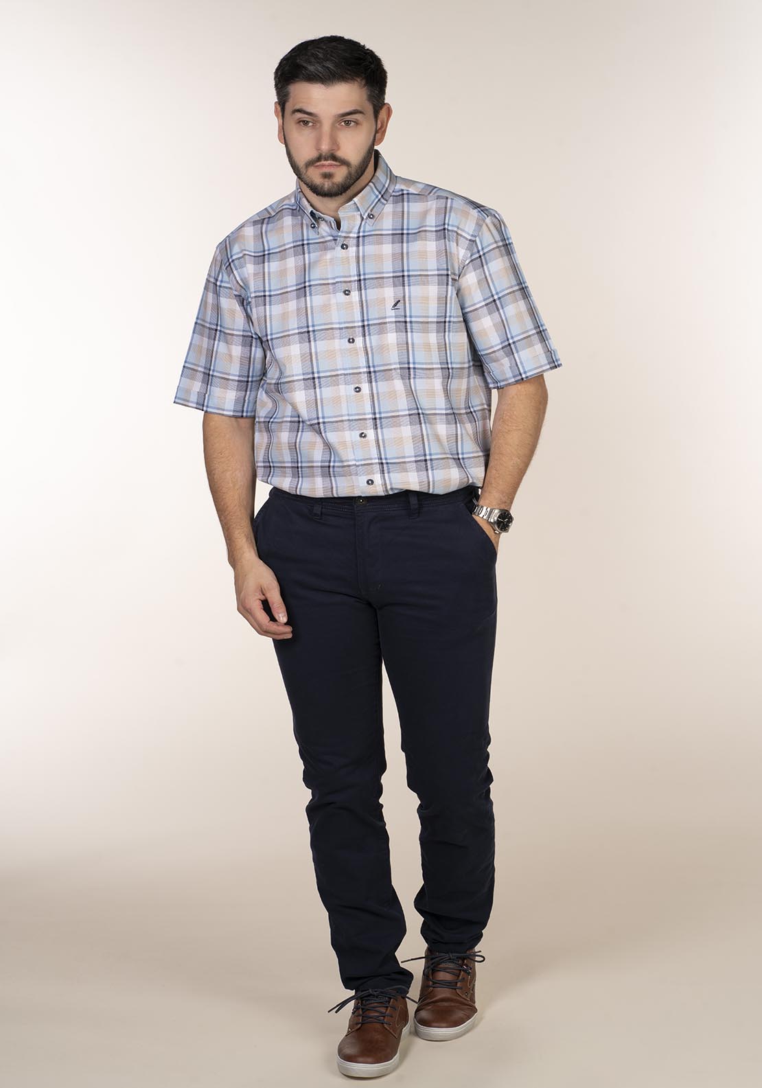 Yeats Casual Check Short Sleeve Shirt - Blue 4 Shaws Department Stores