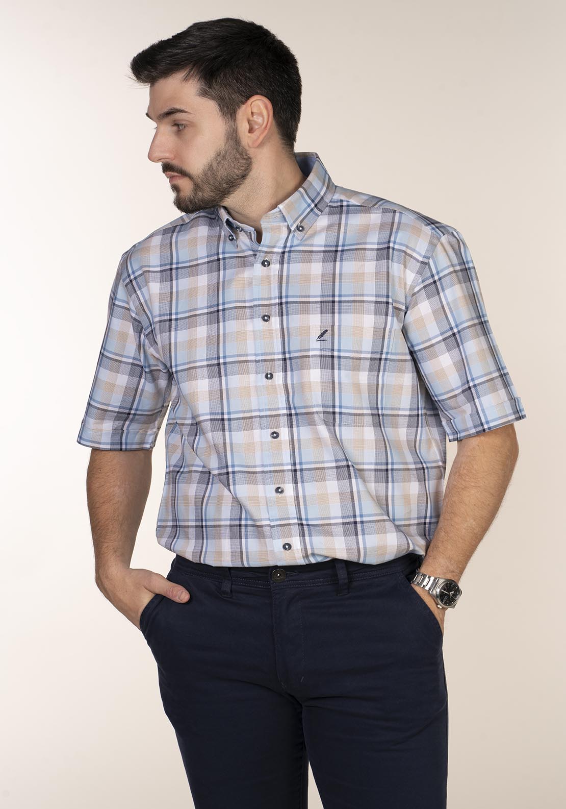 Yeats Casual Check Short Sleeve Shirt - Blue 2 Shaws Department Stores