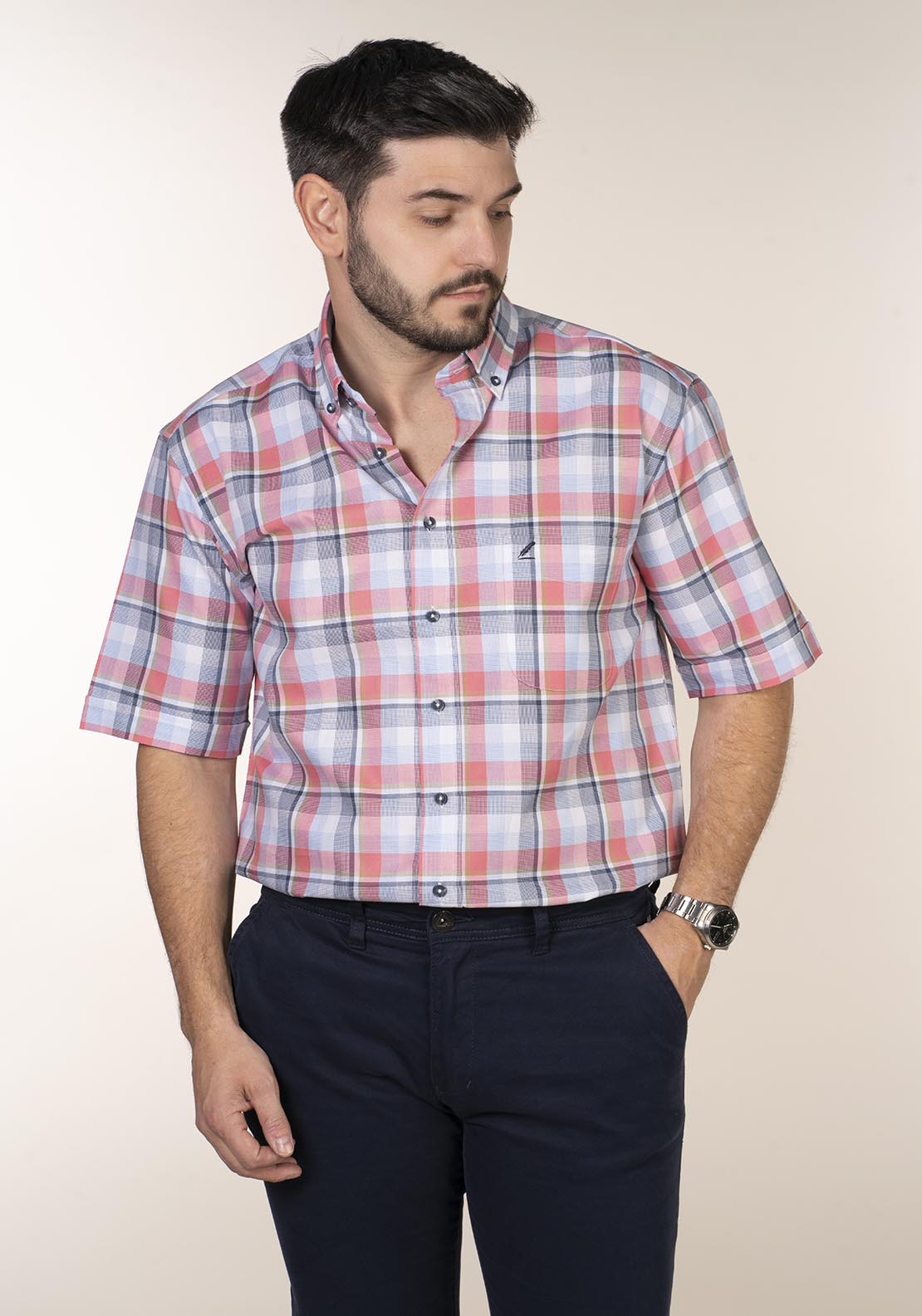 Yeats Casual Check Short Sleeve Shirt - Pink 2 Shaws Department Stores
