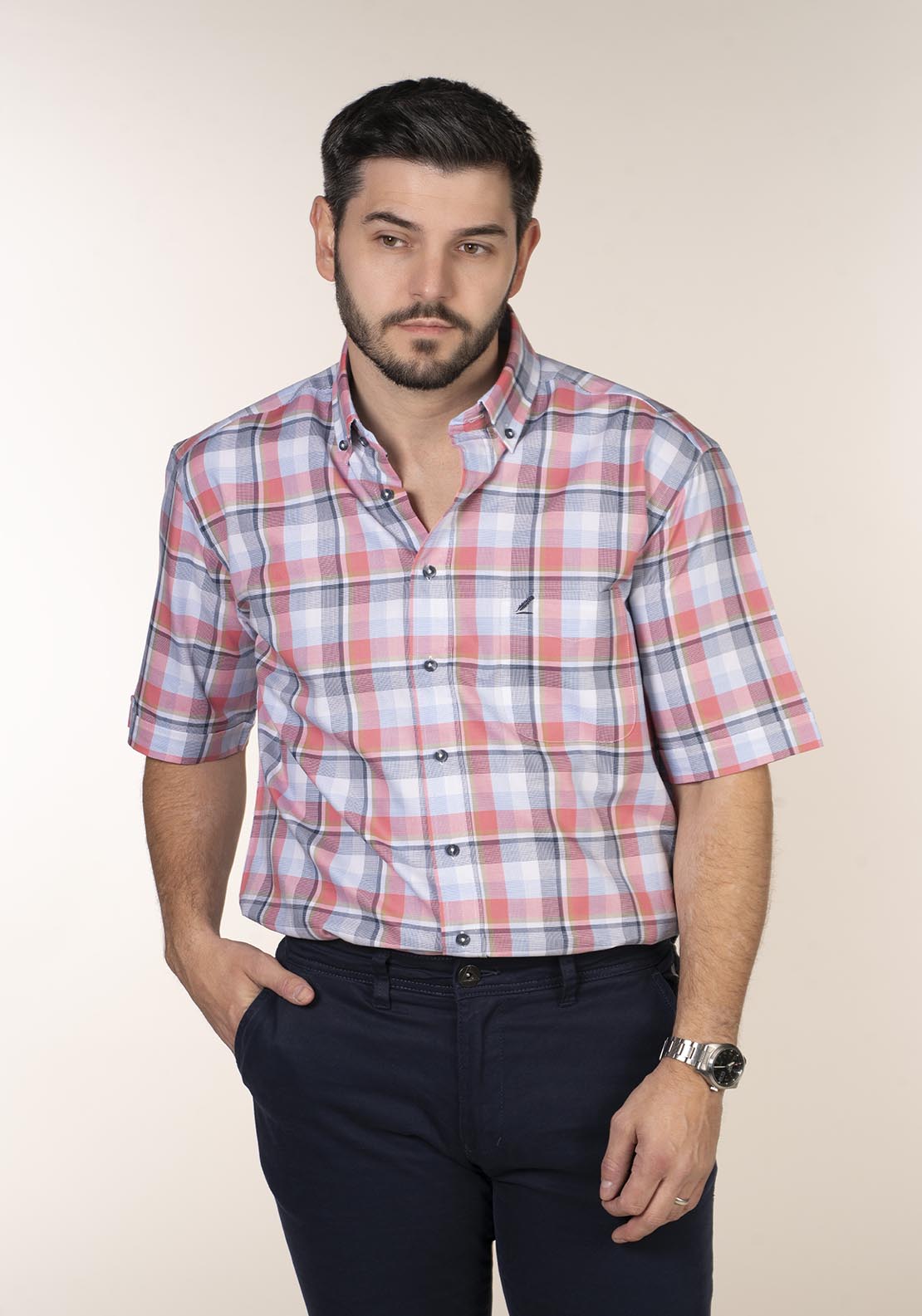 Yeats Casual Check Short Sleeve Shirt - Pink 1 Shaws Department Stores