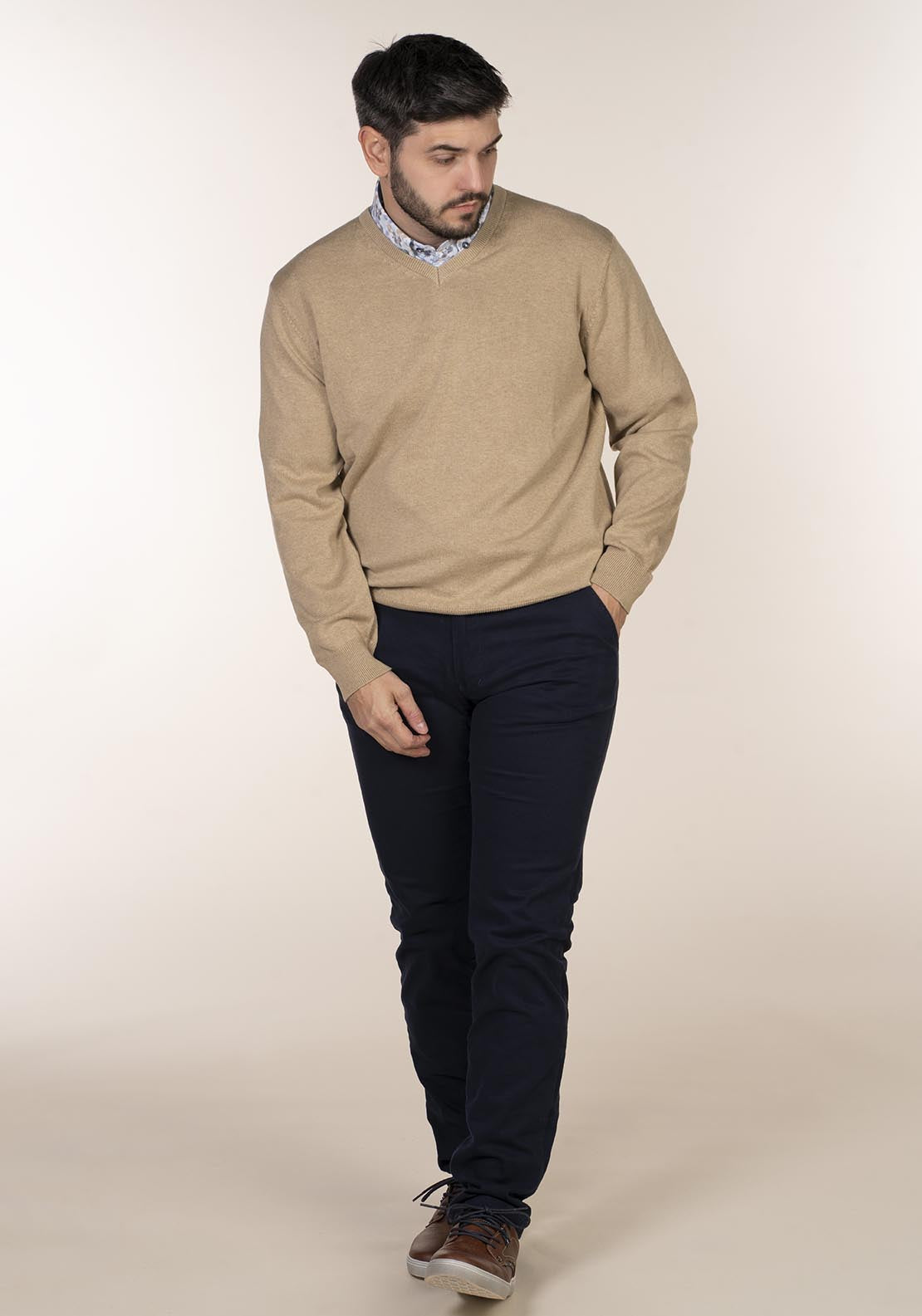 Yeats Plain Cotton V Neck Sweaters - Beige 3 Shaws Department Stores