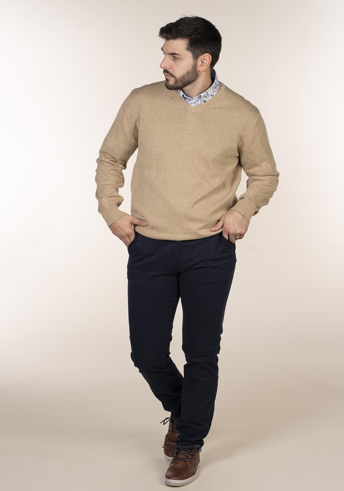 Yeats Plain Cotton V Neck Sweaters - Beige 1 Shaws Department Stores
