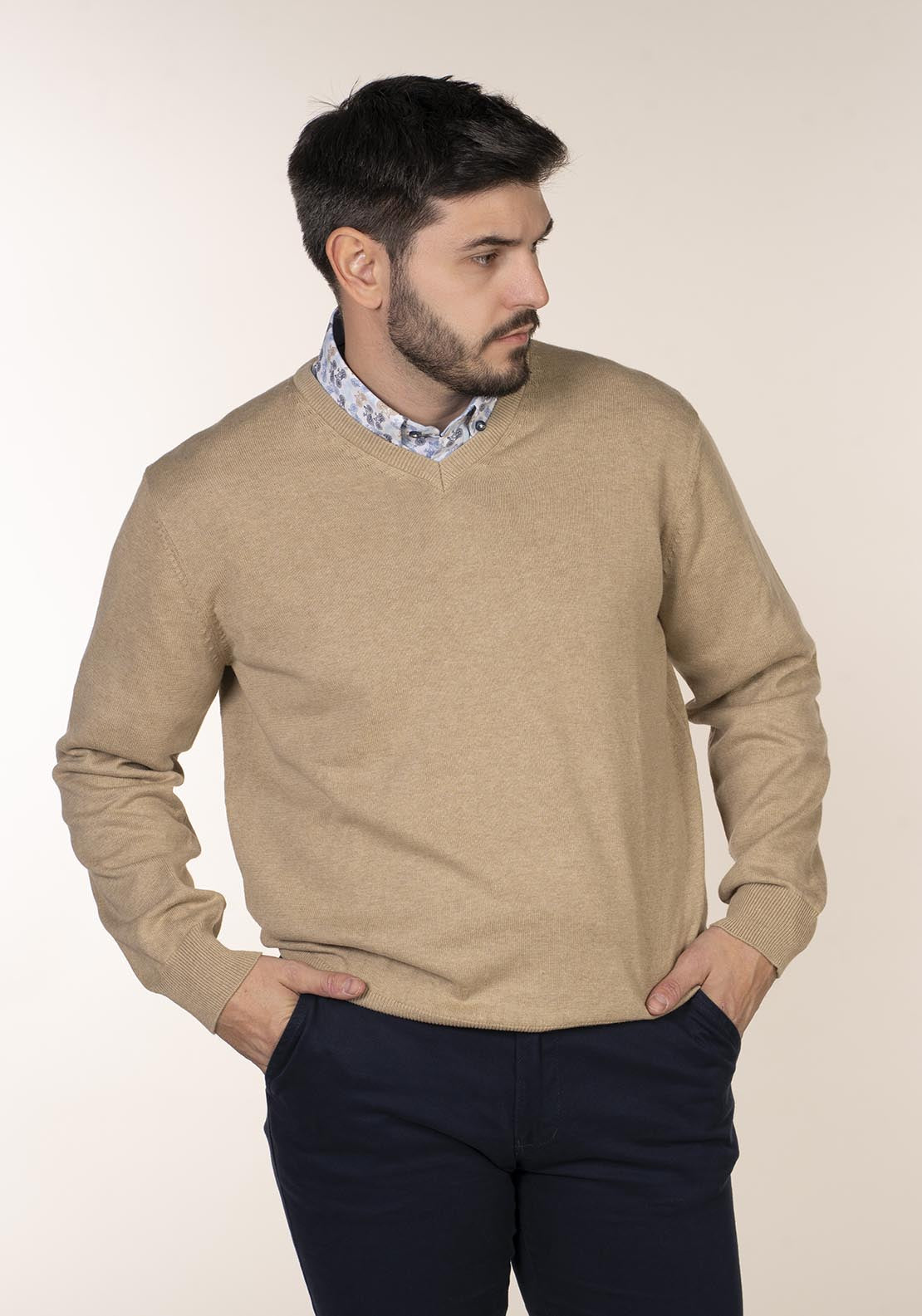 Yeats Plain Cotton V Neck Sweaters - Beige 4 Shaws Department Stores