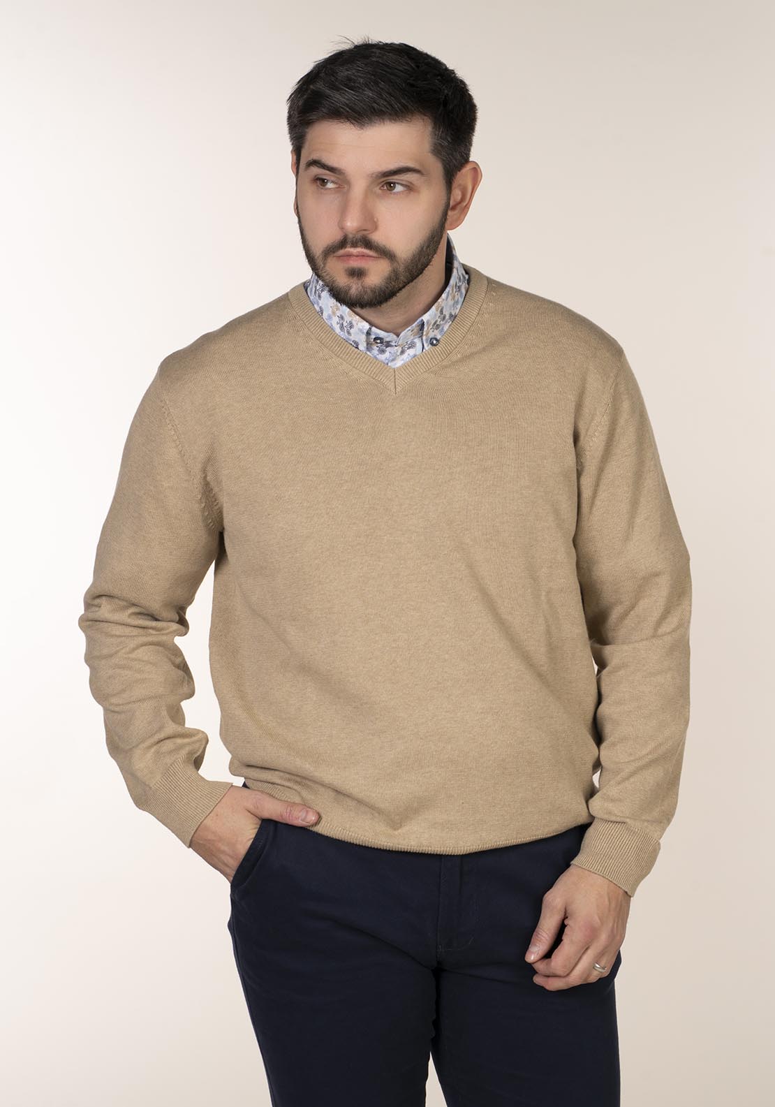 Yeats Plain Cotton V Neck Sweaters - Beige 2 Shaws Department Stores