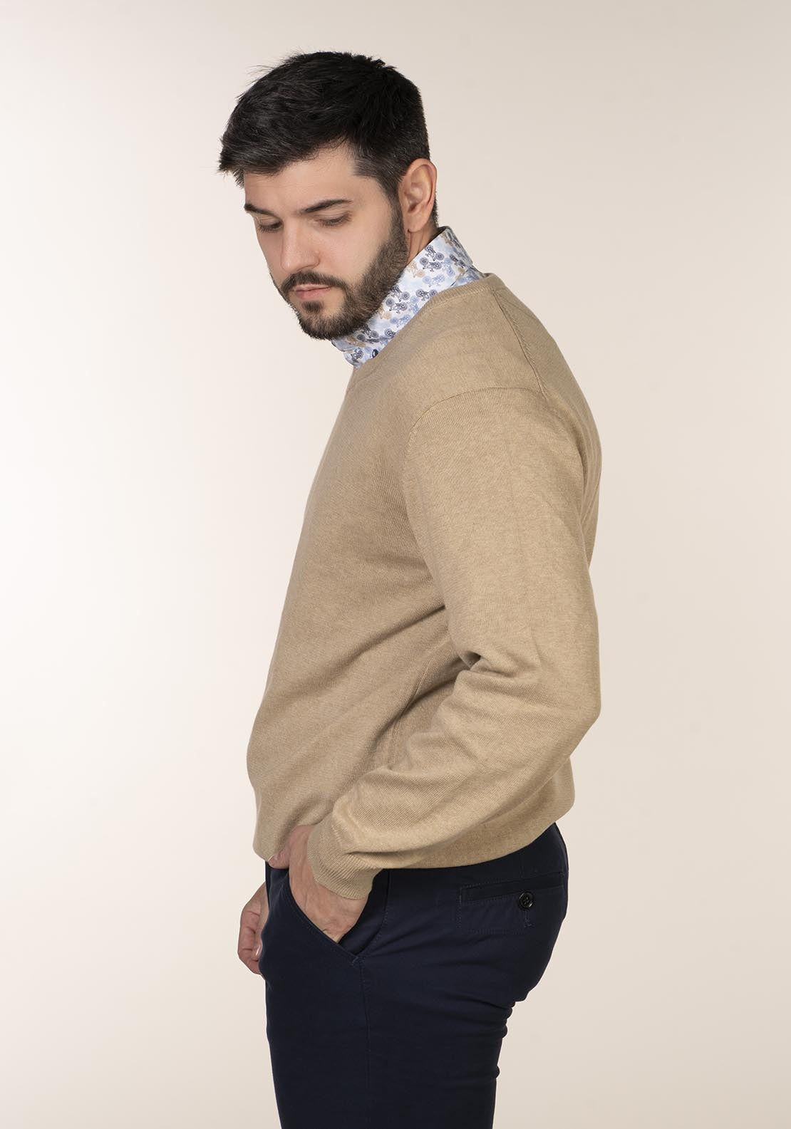 Yeats Plain Cotton V Neck Sweaters - Beige 6 Shaws Department Stores