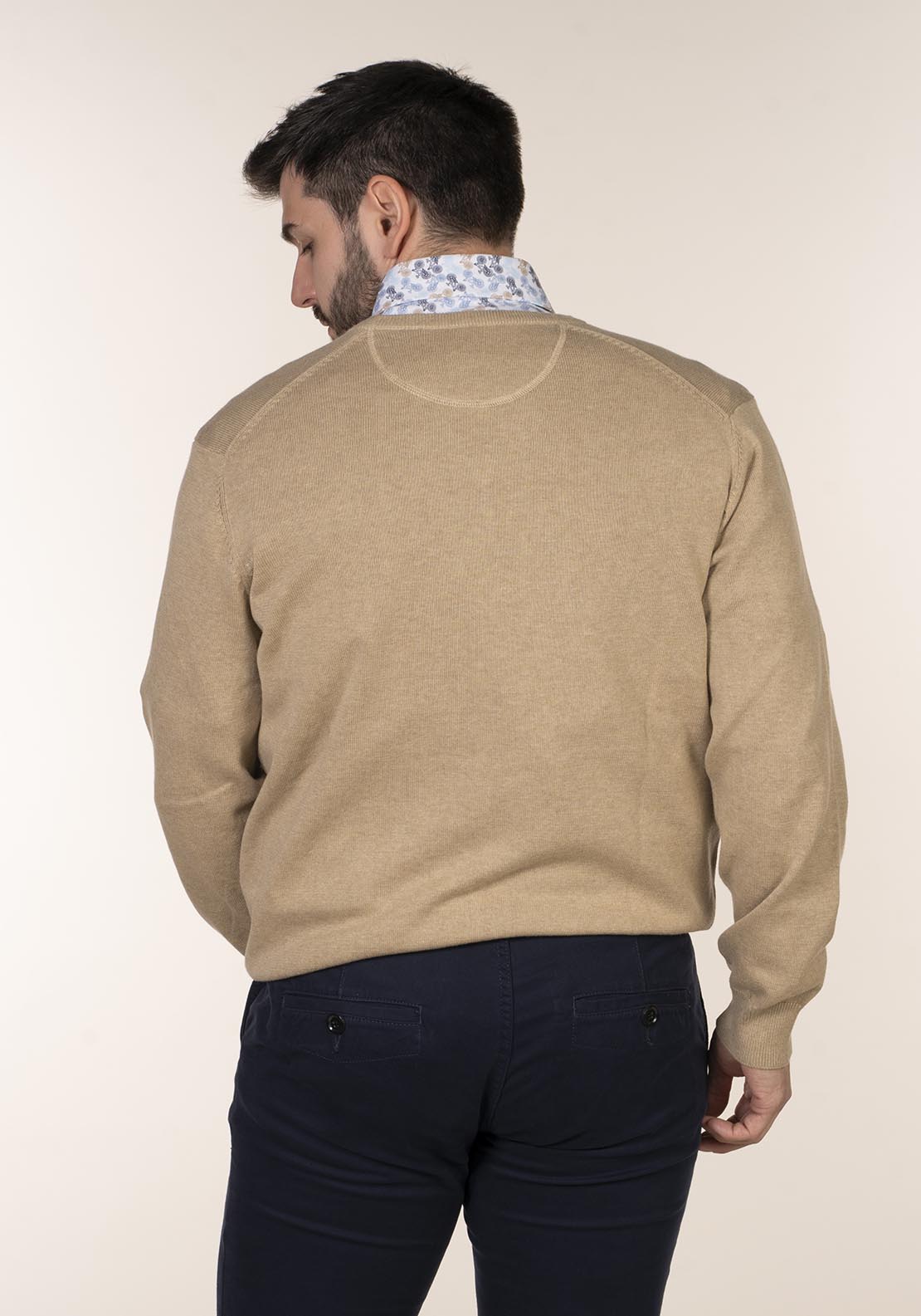 Yeats Plain Cotton V Neck Sweaters - Beige 5 Shaws Department Stores