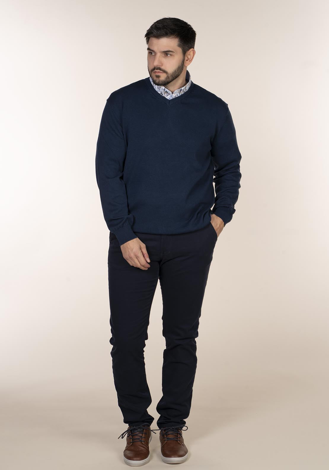 Yeats Plain Cotton V Neck Sweaters - Blue 1 Shaws Department Stores