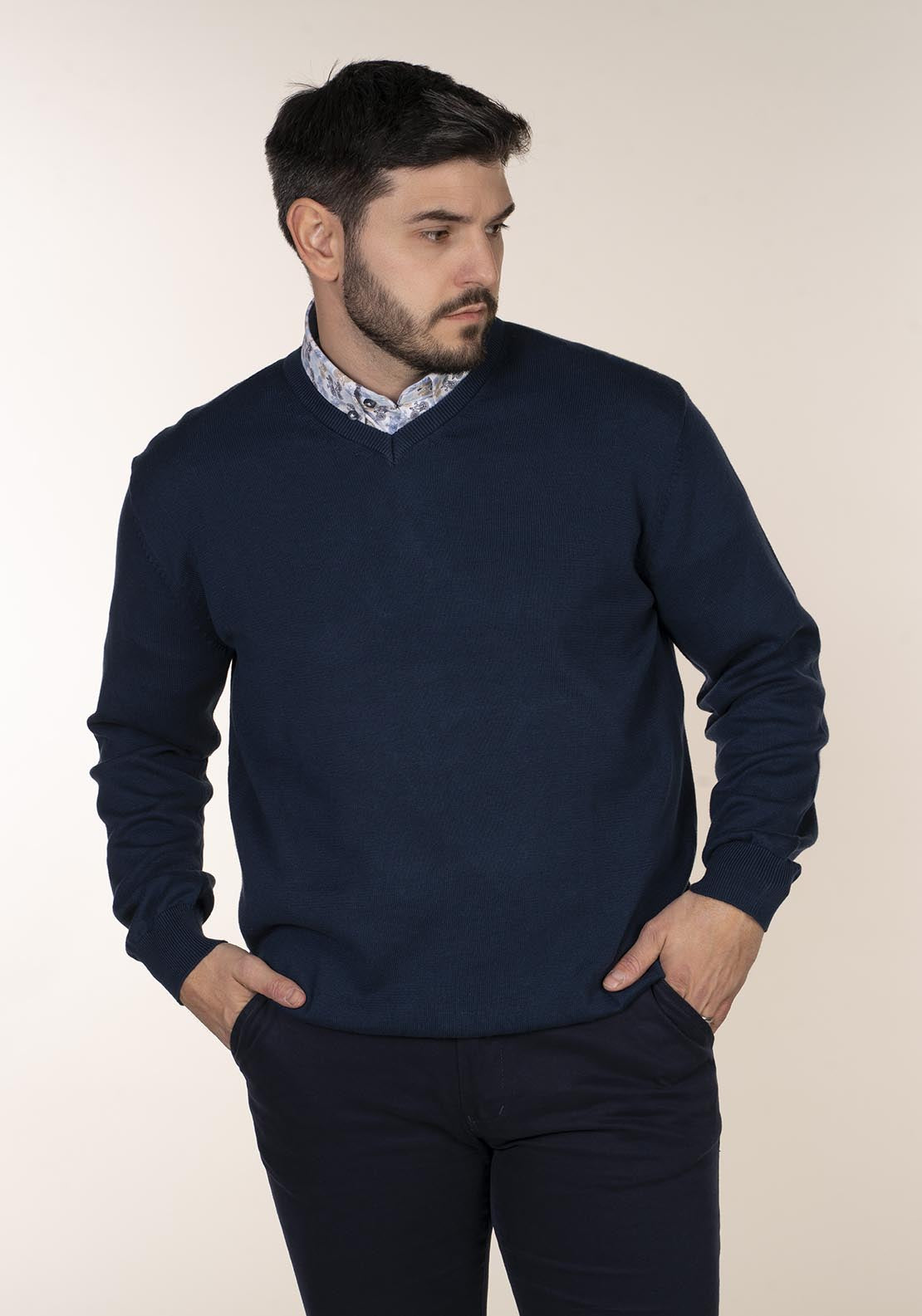 Yeats Plain Cotton V Neck Sweaters - Blue 2 Shaws Department Stores
