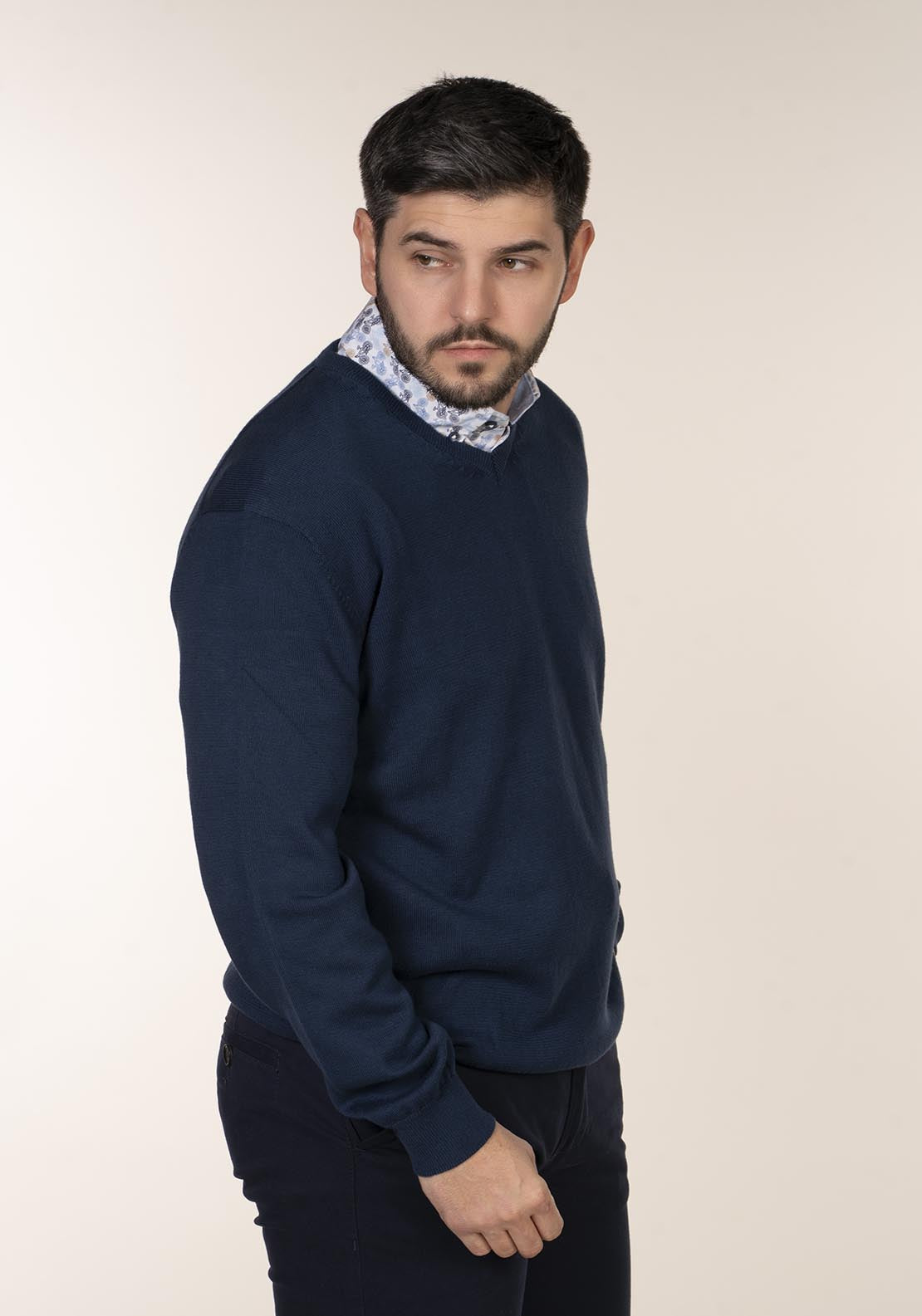 Yeats Plain Cotton V Neck Sweaters - Blue 4 Shaws Department Stores