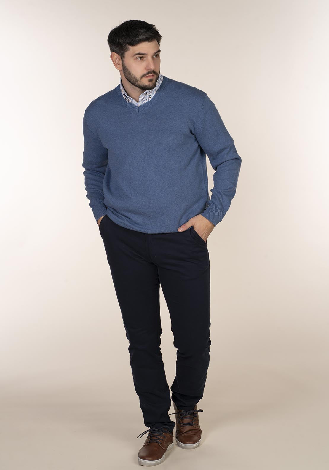 Yeats Plain Cotton V Neck Sweaters - Blue 4 Shaws Department Stores