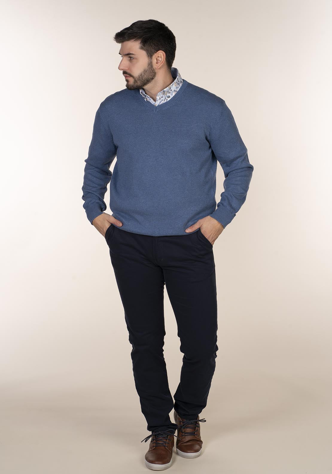 Yeats Plain Cotton V Neck Sweaters - Blue 1 Shaws Department Stores