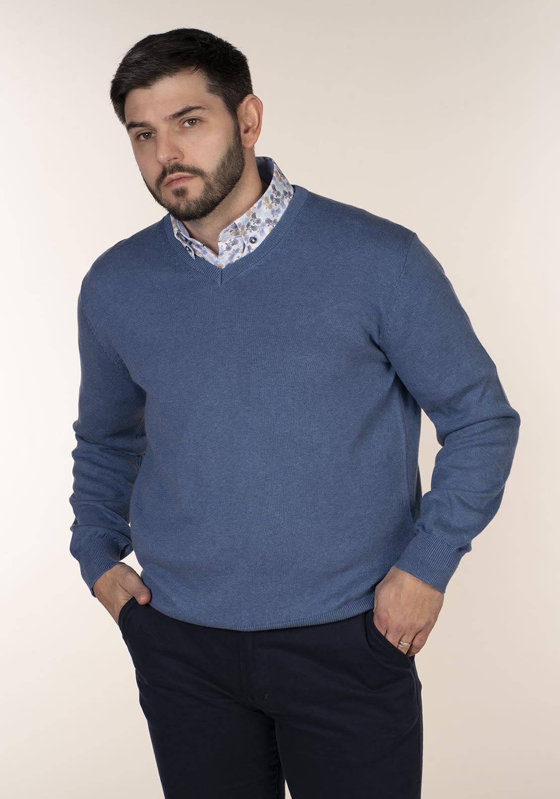 Yeats Plain Cotton V Neck Sweaters - Blue 3 Shaws Department Stores