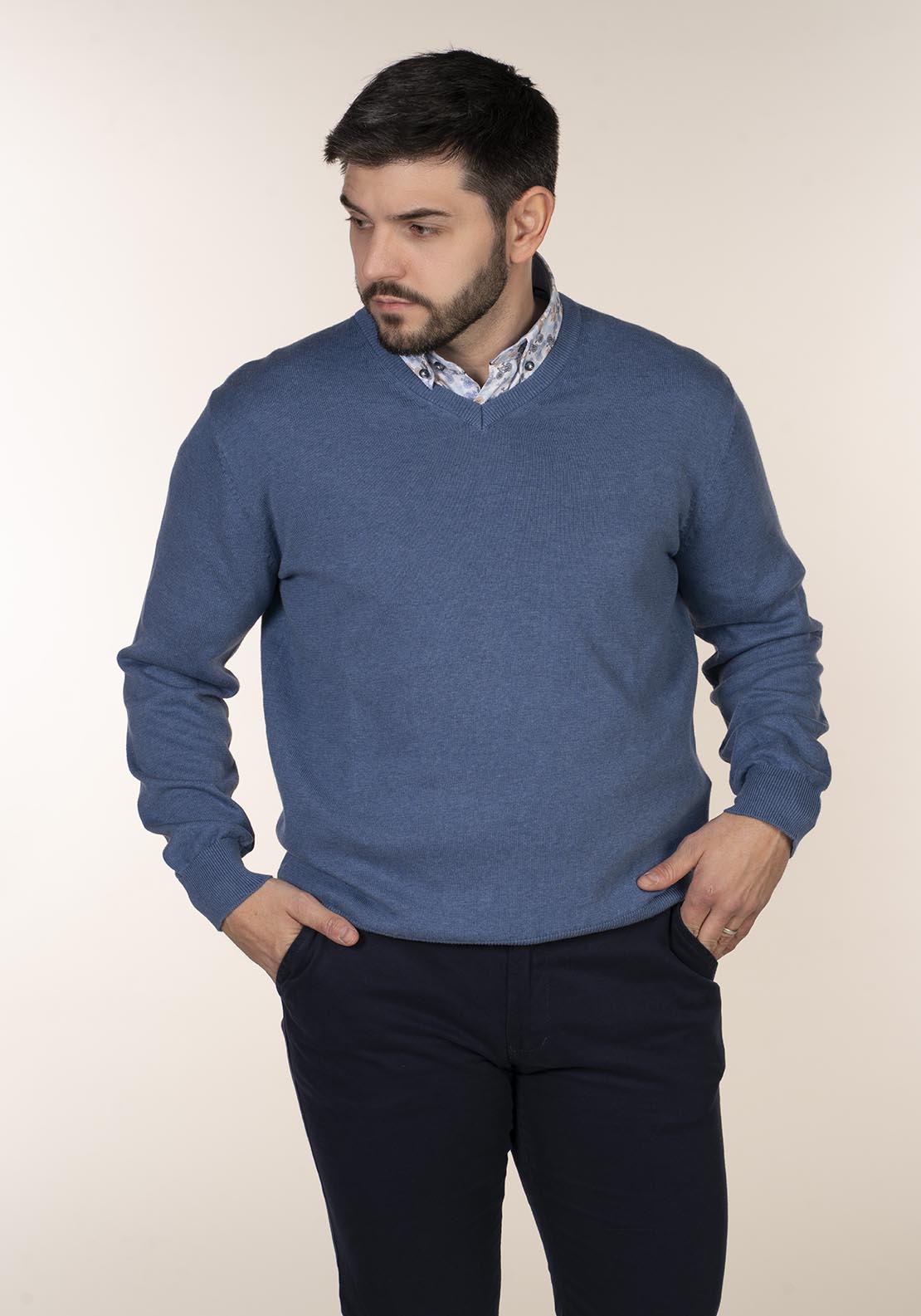 Yeats Plain Cotton V Neck Sweaters - Blue 2 Shaws Department Stores