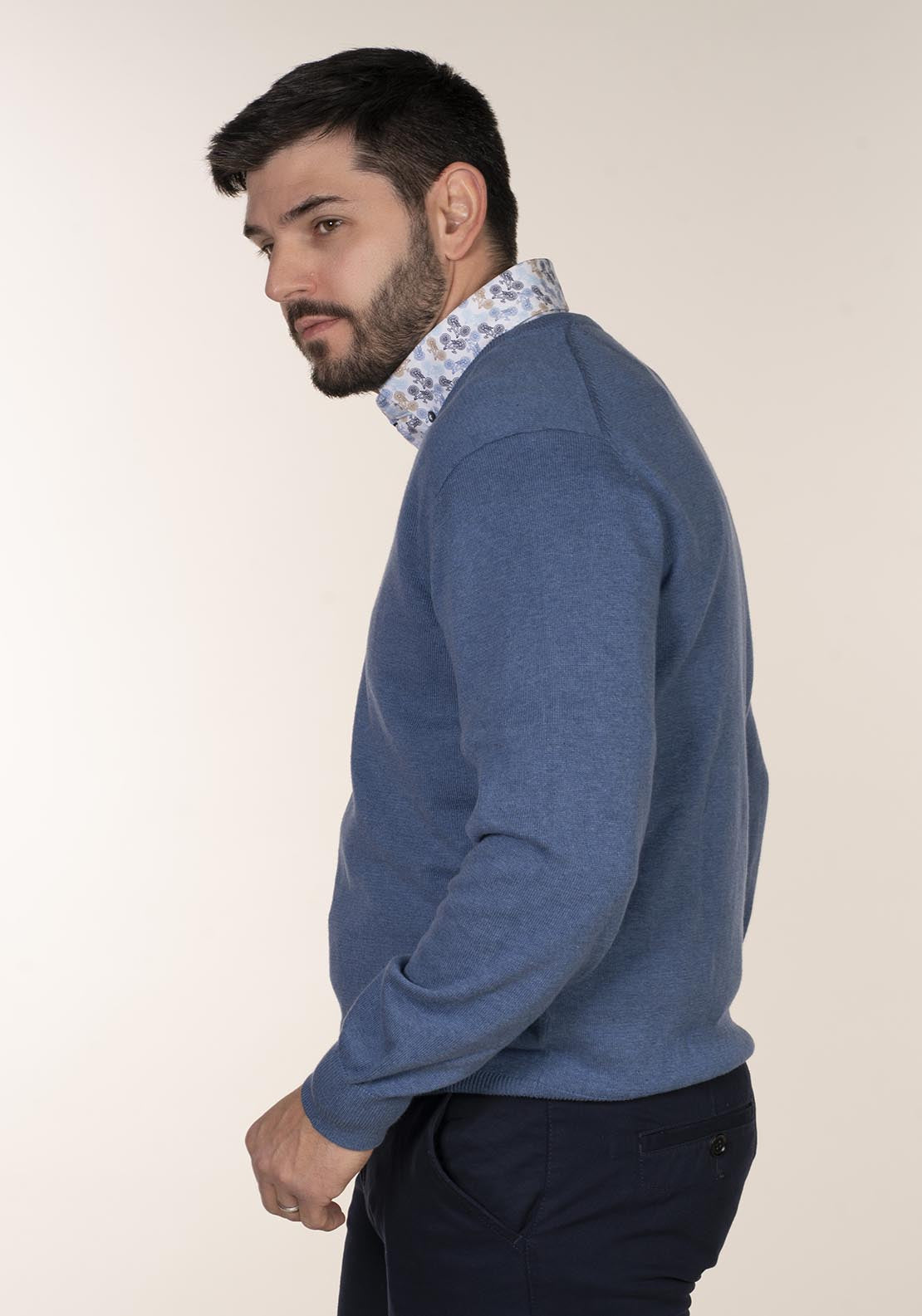 Yeats Plain Cotton V Neck Sweaters - Blue 6 Shaws Department Stores