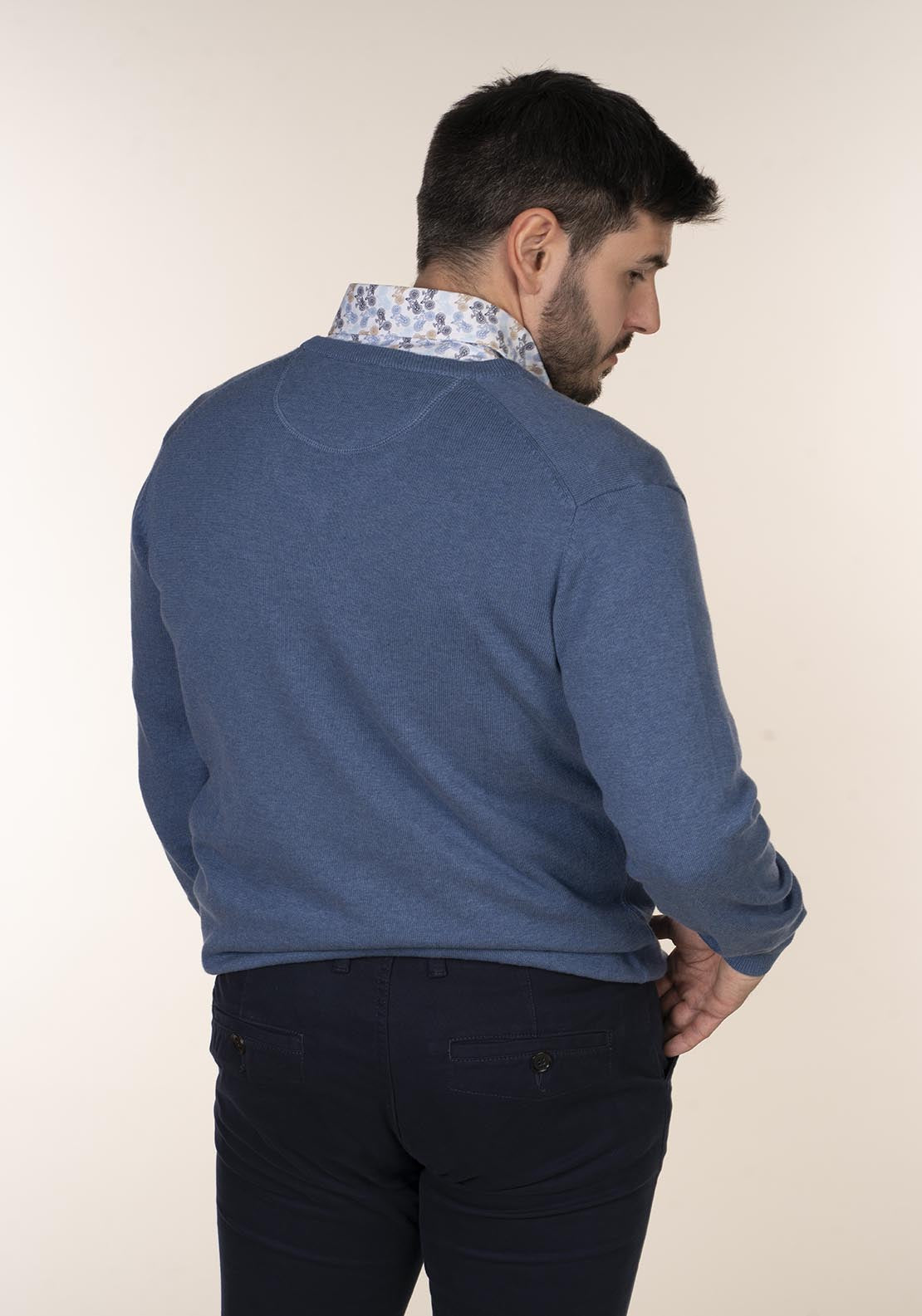 Yeats Plain Cotton V Neck Sweaters - Blue 5 Shaws Department Stores