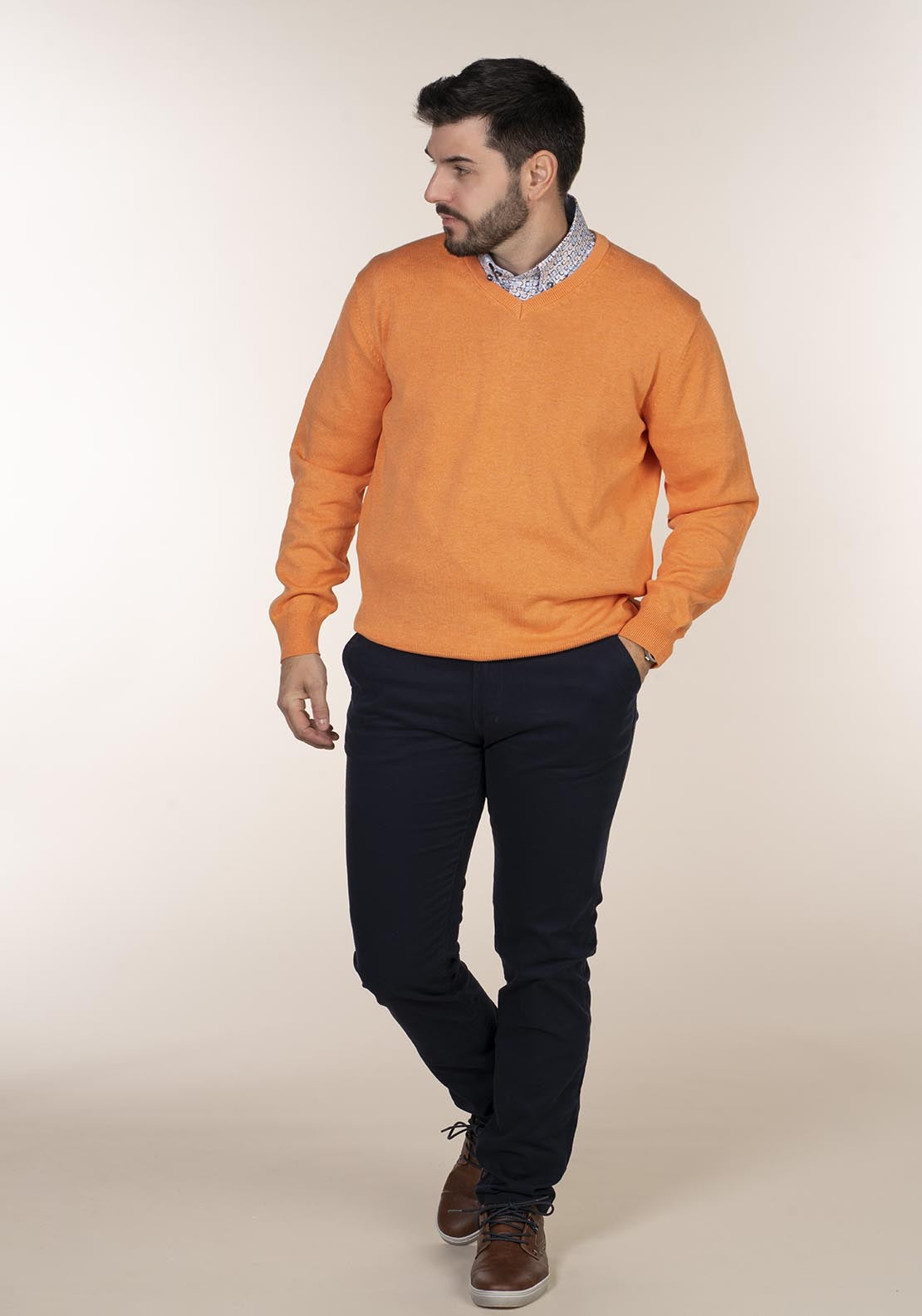 Yeats Plain Cotton V Neck Sweaters Orange 3 Shaws Department Stores