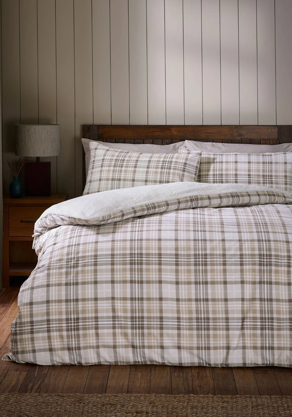 Cosy Sherpa Check Duvet Cover Set Natural - Beige