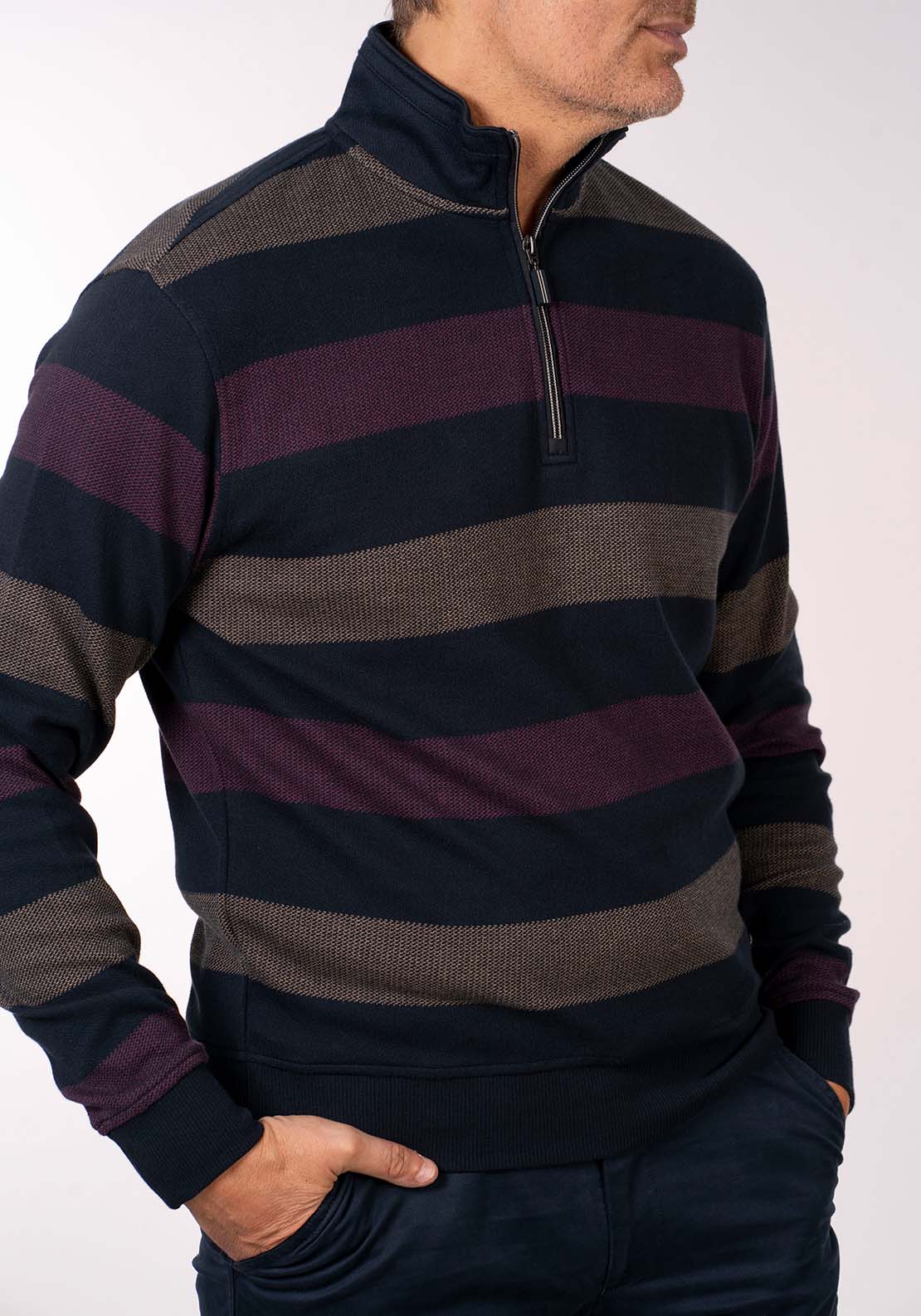 Yeats 1/4 Zip Stripe Sweater - Wine/beige 2 Shaws Department Stores