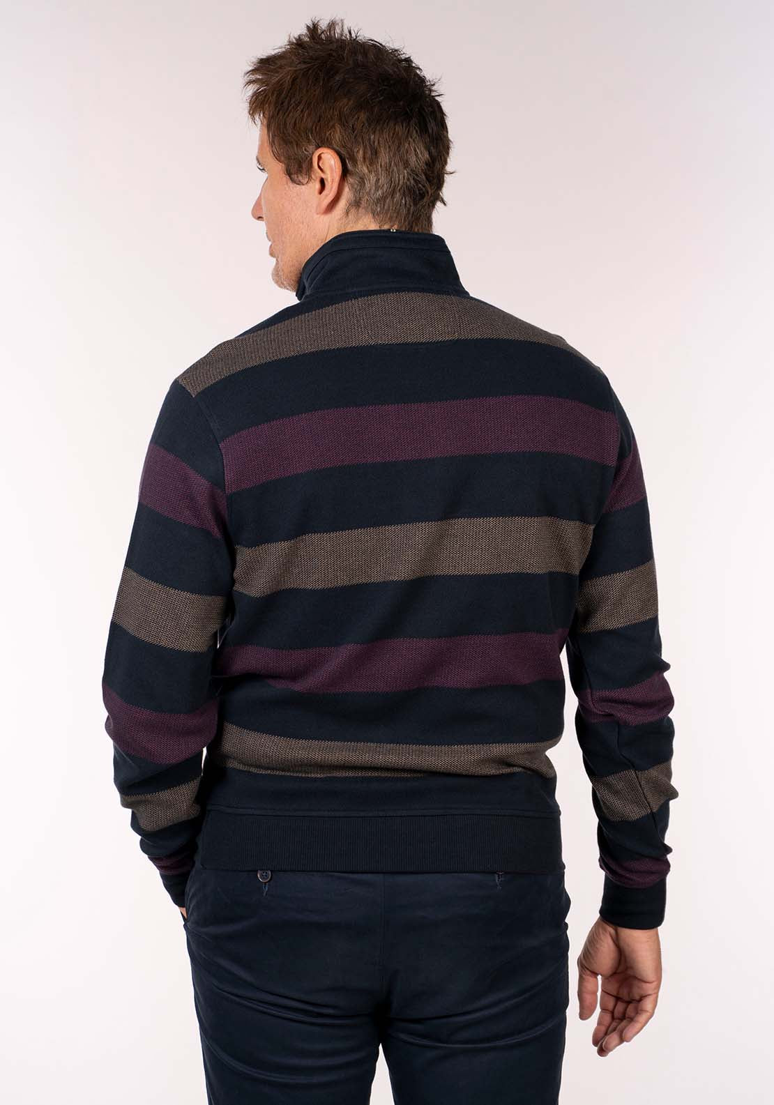 Yeats 1/4 Zip Stripe Sweater - Wine/beige 3 Shaws Department Stores