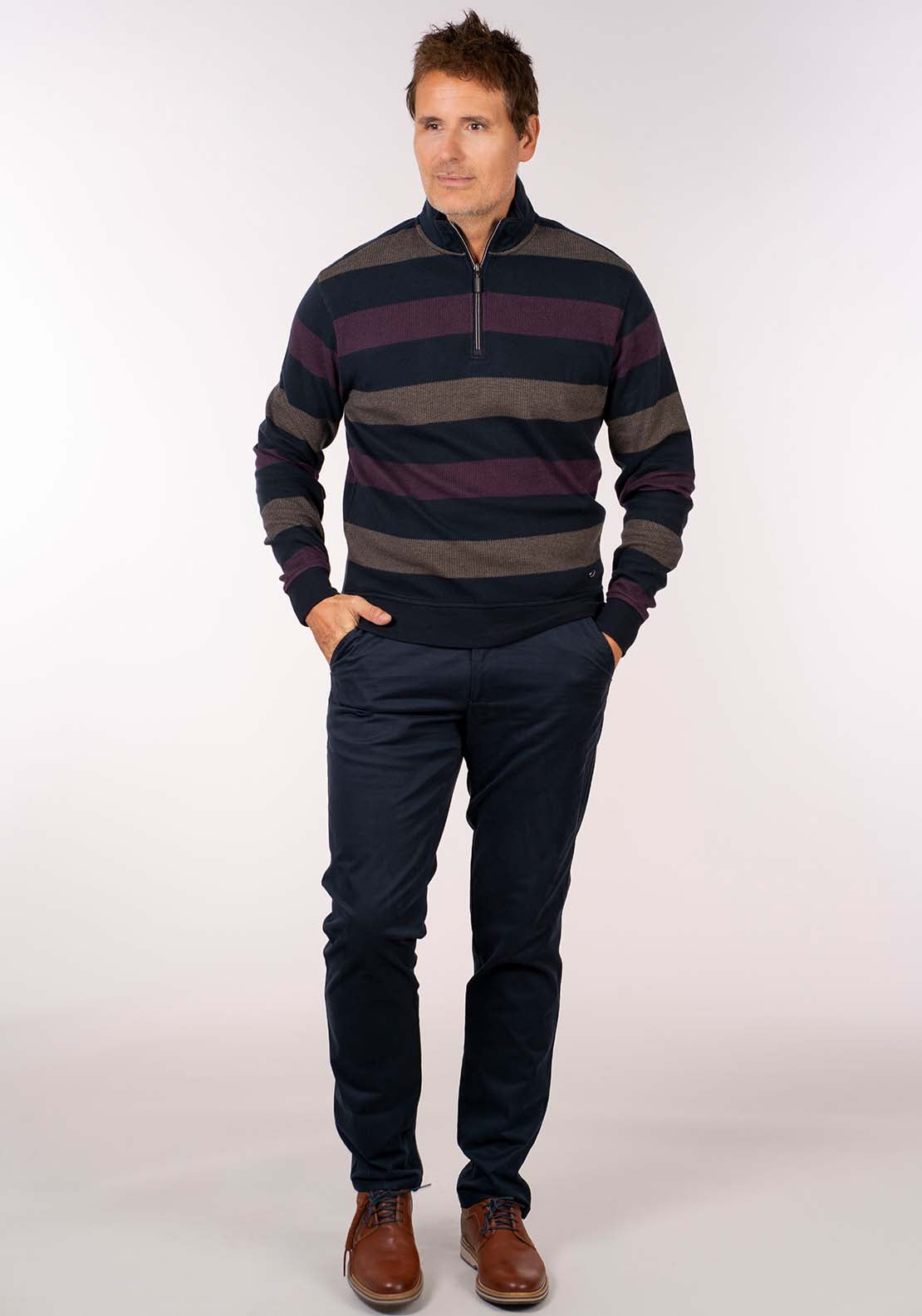 Yeats 1/4 Zip Stripe Sweater - Wine/beige 4 Shaws Department Stores