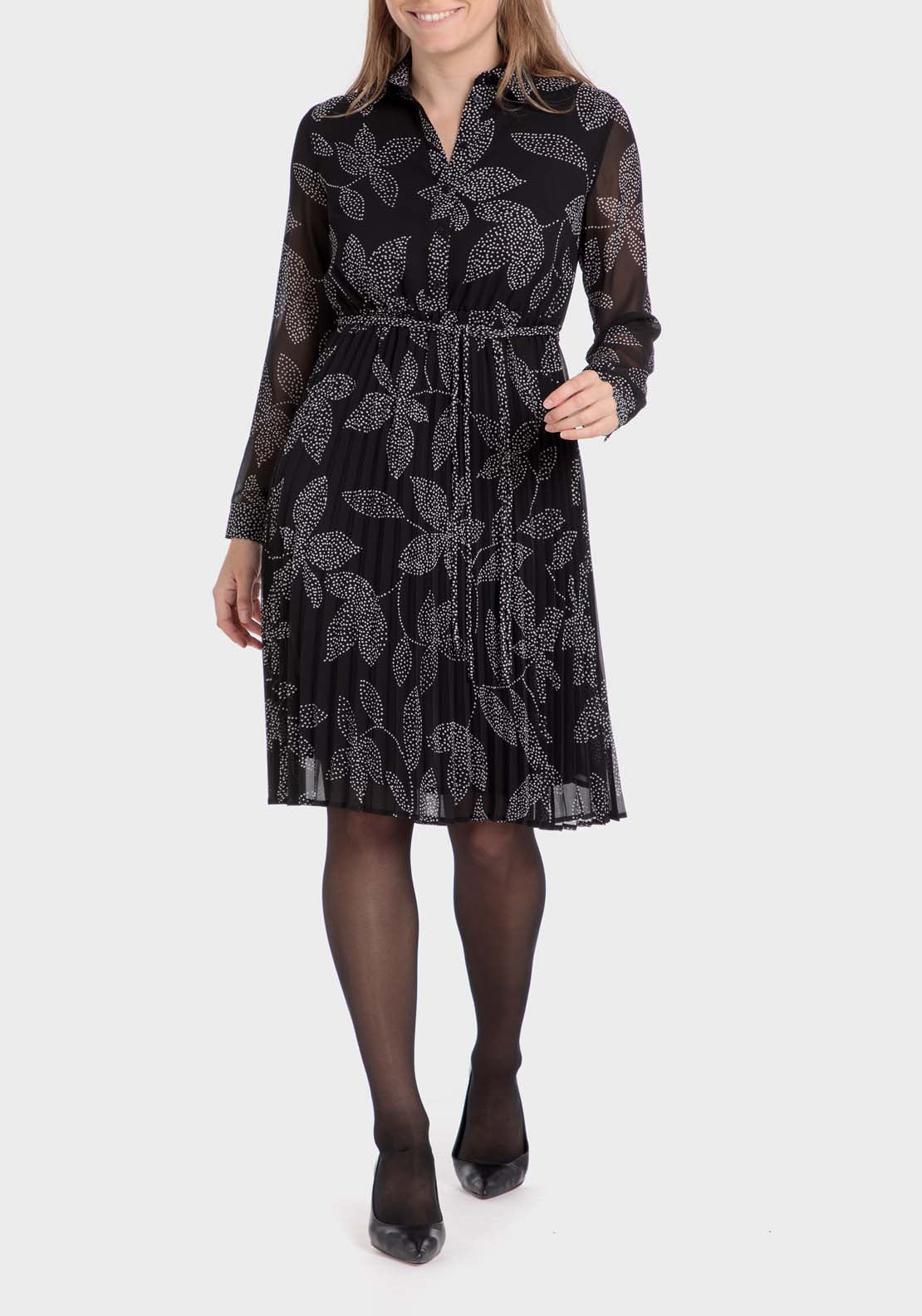 Punt Roma Pleated Printed Dress - Black 1 Shaws Department Stores
